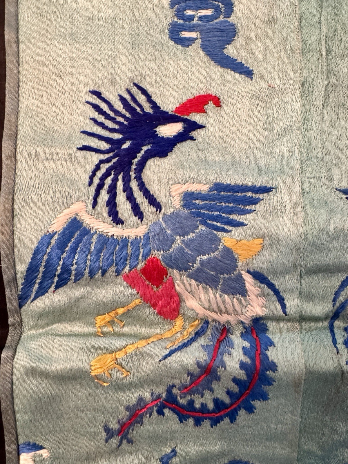 Vtg Antique CHINESE RANK BADGE Embroidery SILK Birds Clouds Mountains 9.5″x11″