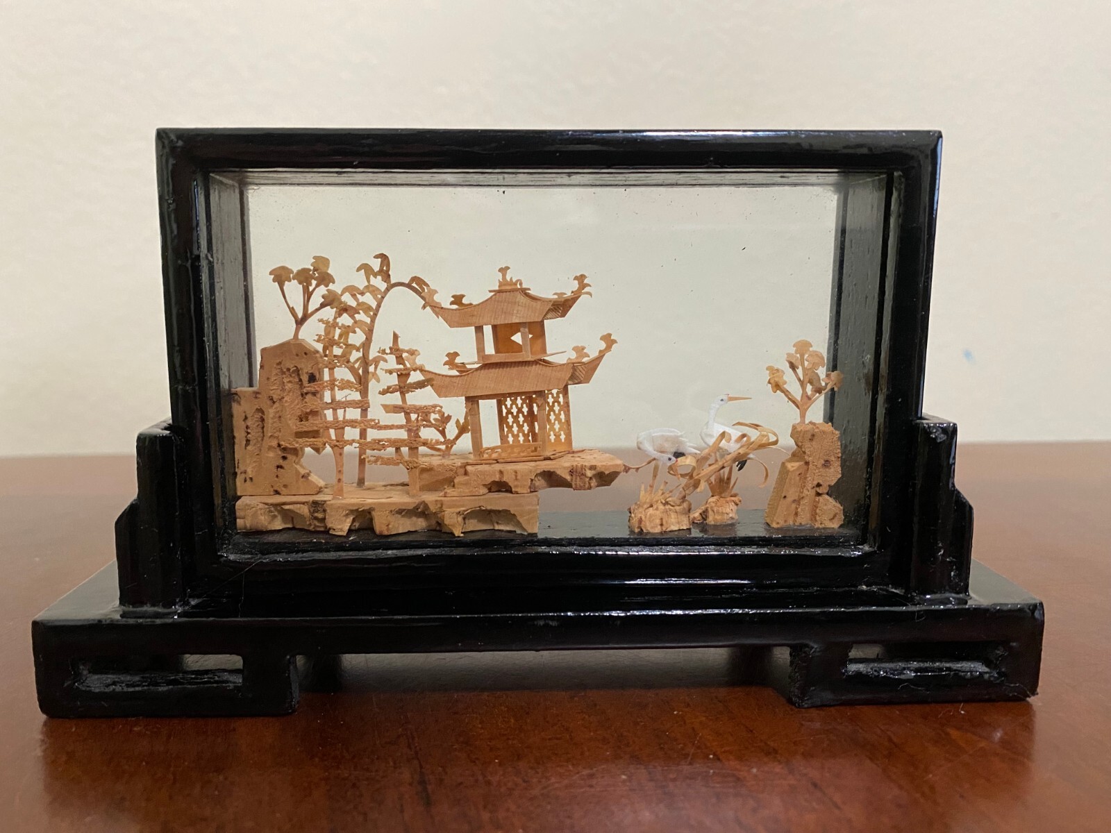 Vintage Chinese Hand Carved Cork Art w/ Storks & Pagoda 3D Diorama
