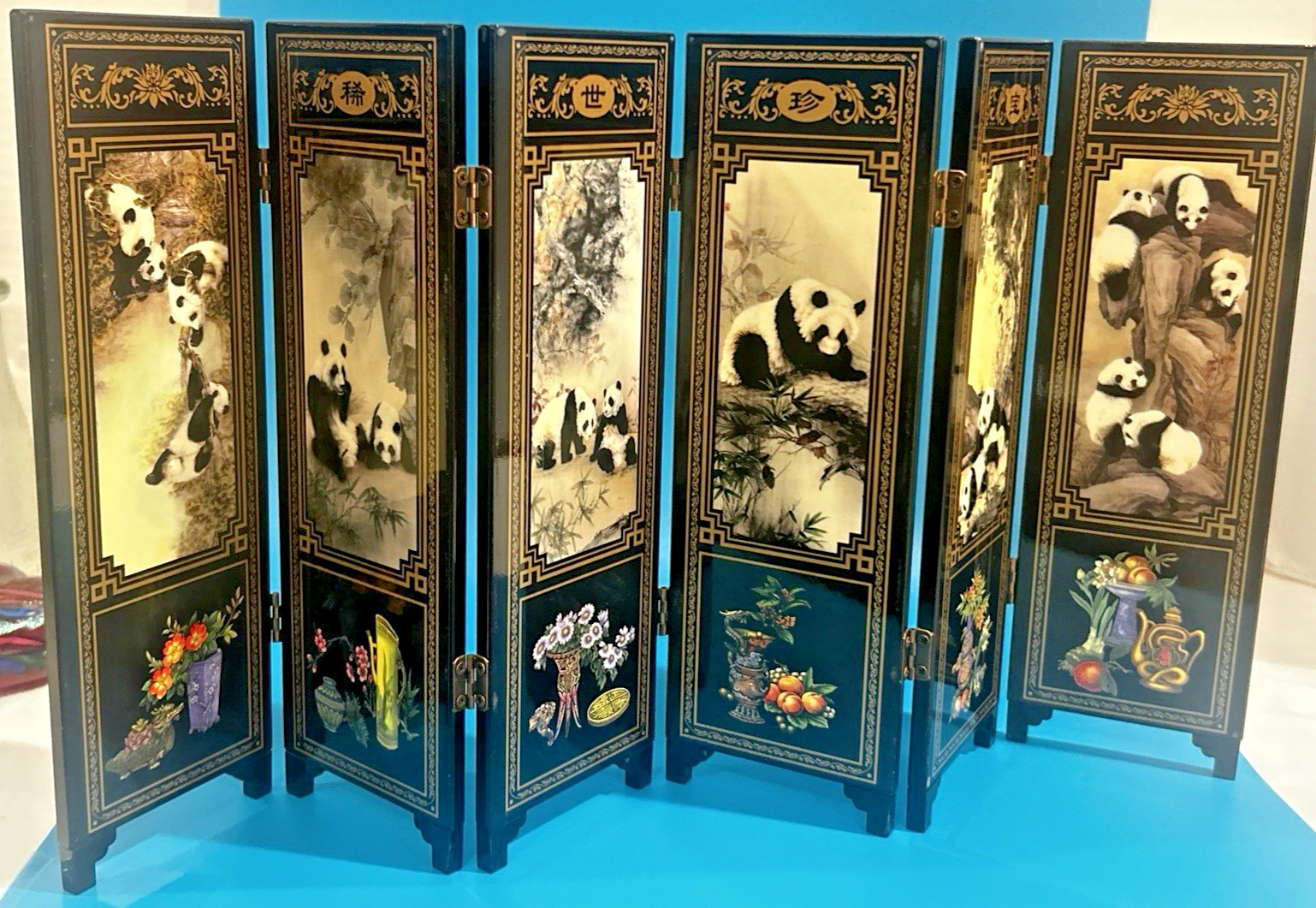 Panda Bear Asian Painted Wood Table Screen Divider 6 Panel 9.5″ *18.5″