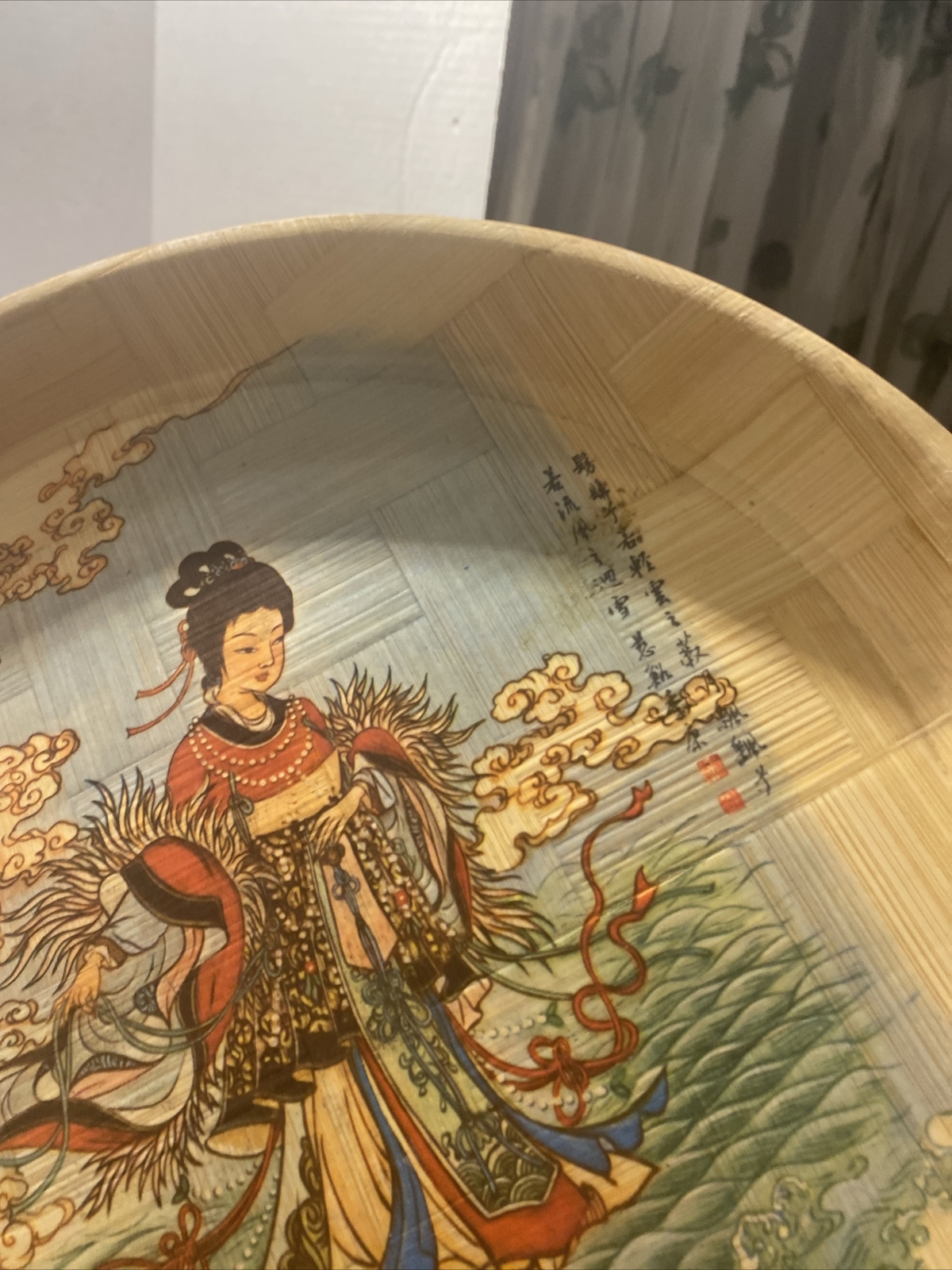 Vintage Decorative Hand Woven Painted Asian Bamboo Tray 13″ Im iR