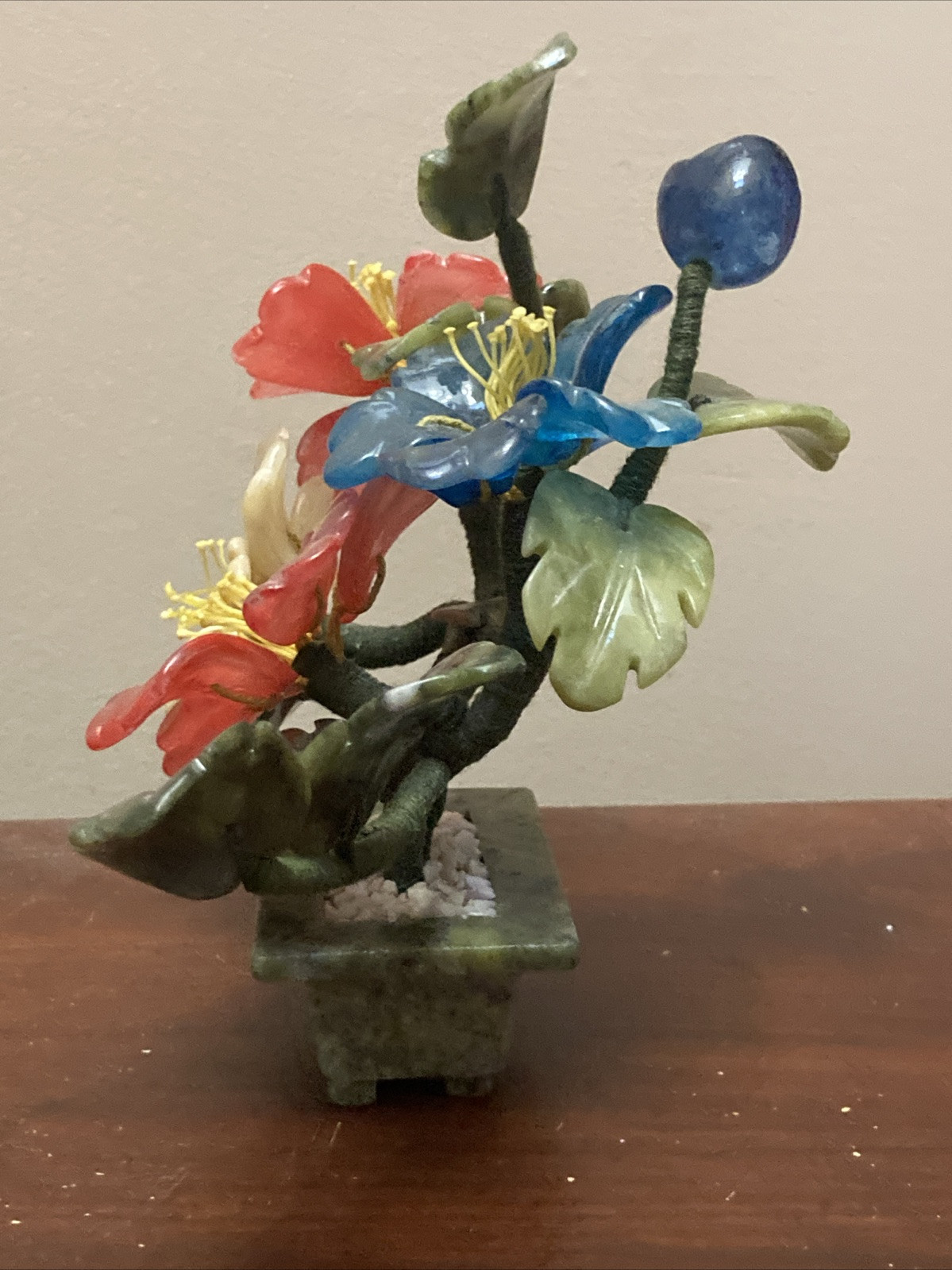 VTG Japanese Chinese Oriental Asian Jade Glass Flowering Bonsai Tree Celadon Pot