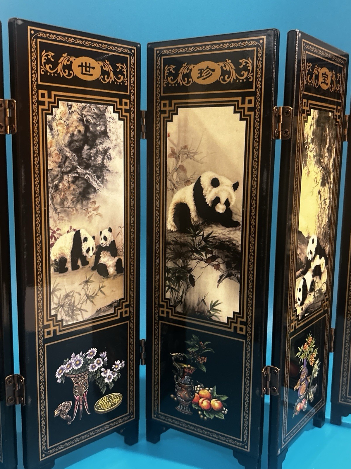 Panda Bear Asian Painted Wood Table Screen Divider 6 Panel 9.5″ *18.5″