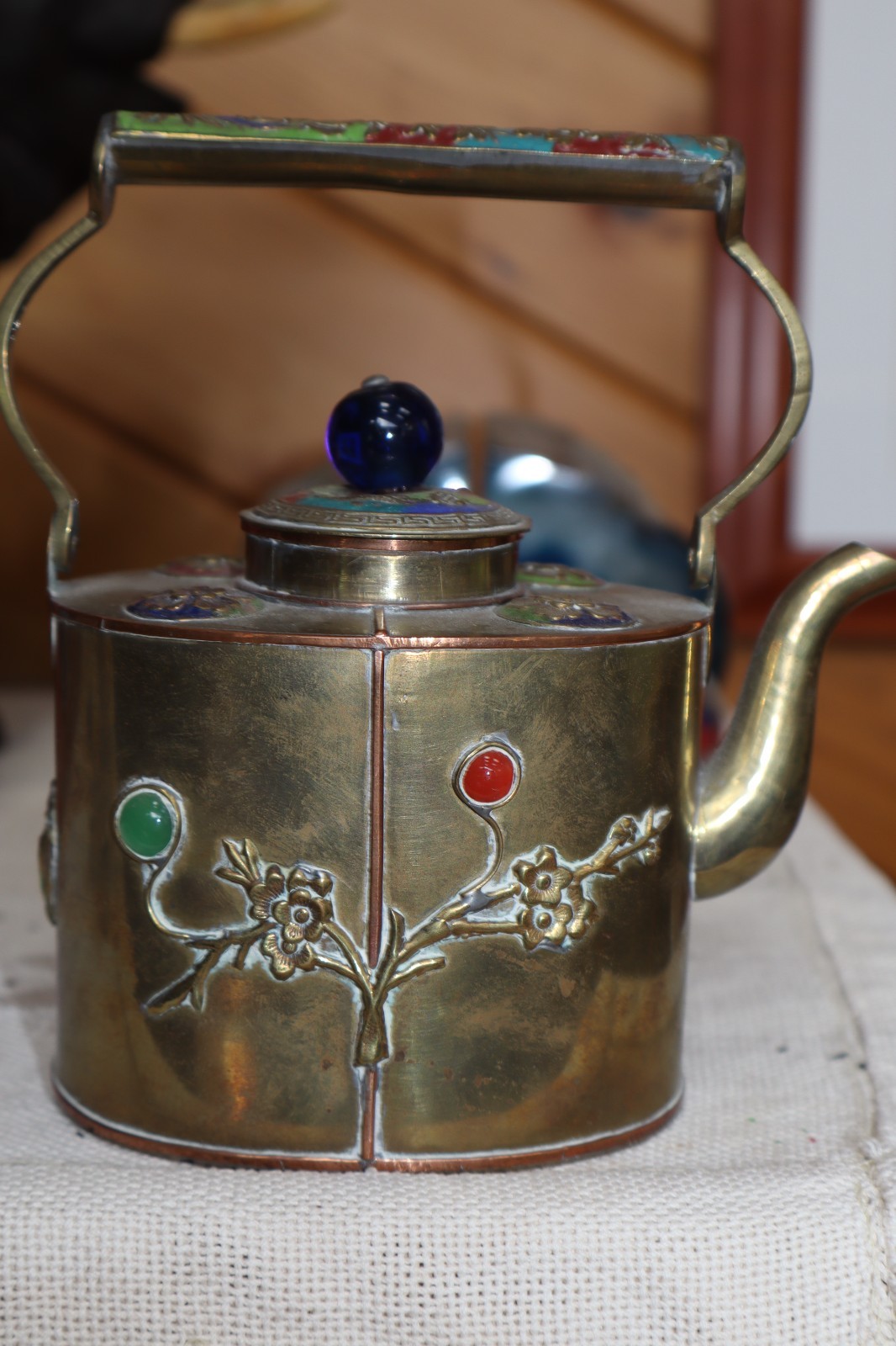 Brass Copper Ornate Tea Pot w/ Blue Glass Knob & Colored Stones – Marked China