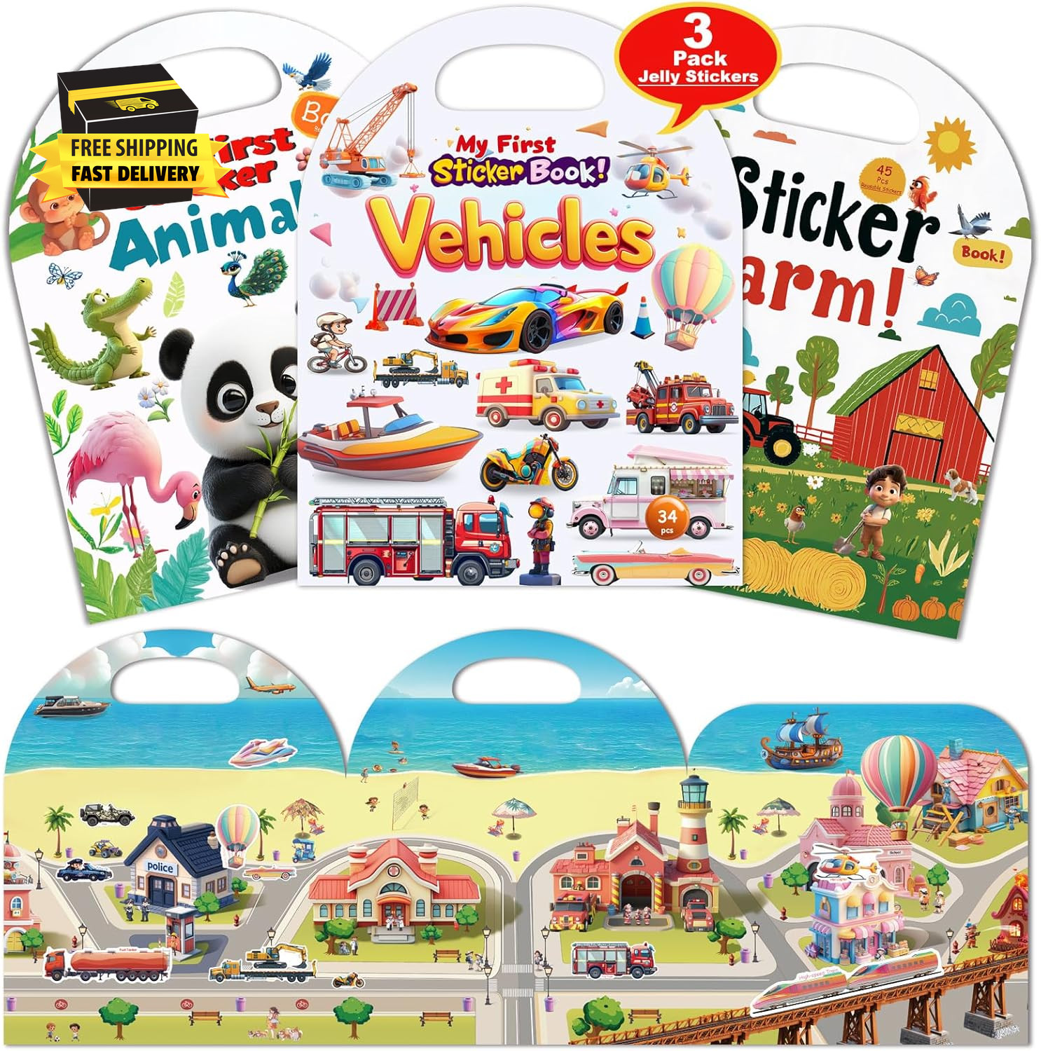 3-Pack Reusable Sticker Books for Toddlers 2-4 Years, Vehicles Truck, Animals &