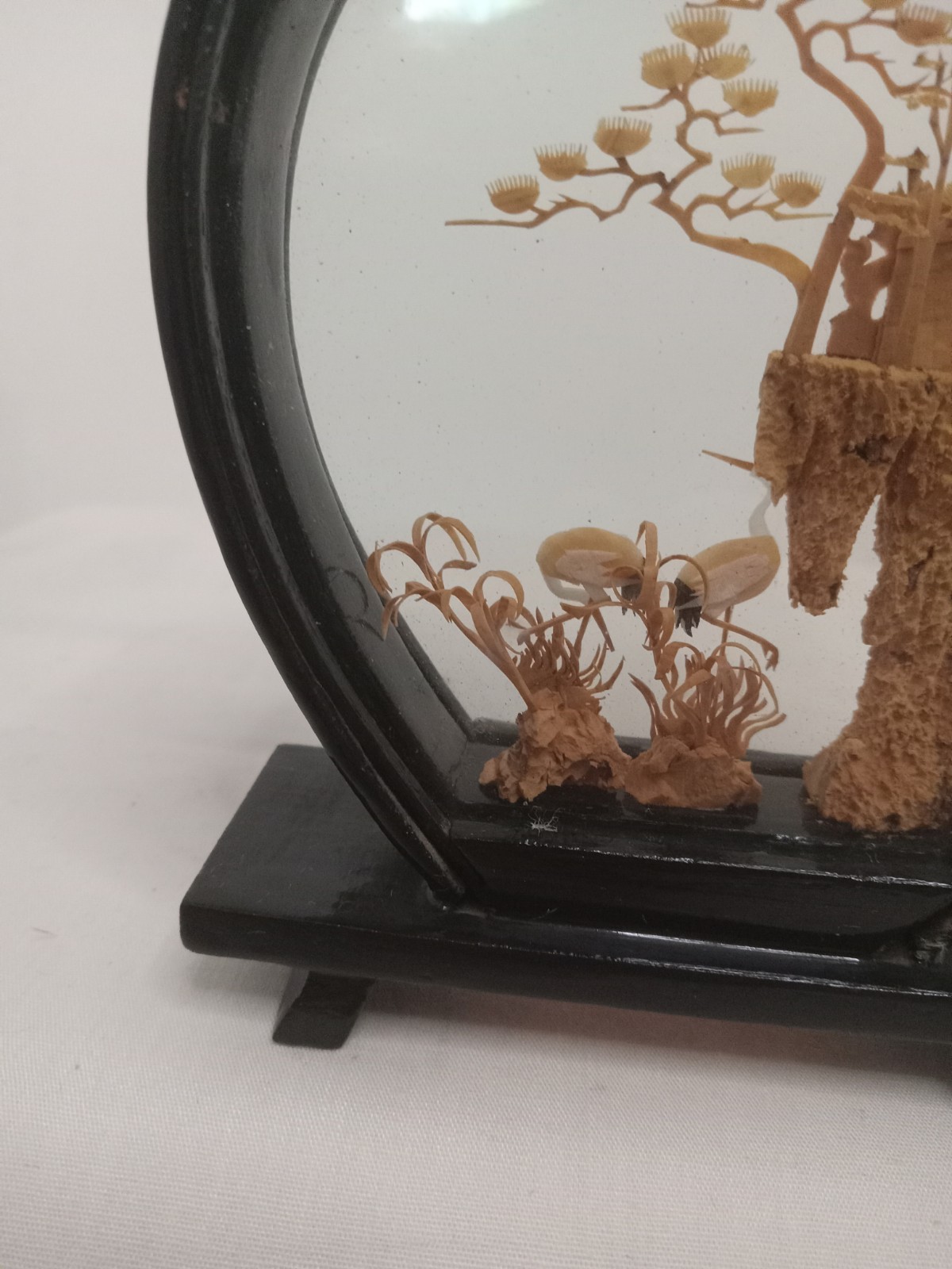 Vintage Hand Carved Cork Asian Diorama Black Lacquer Display 3.25″ Cranes 1960s