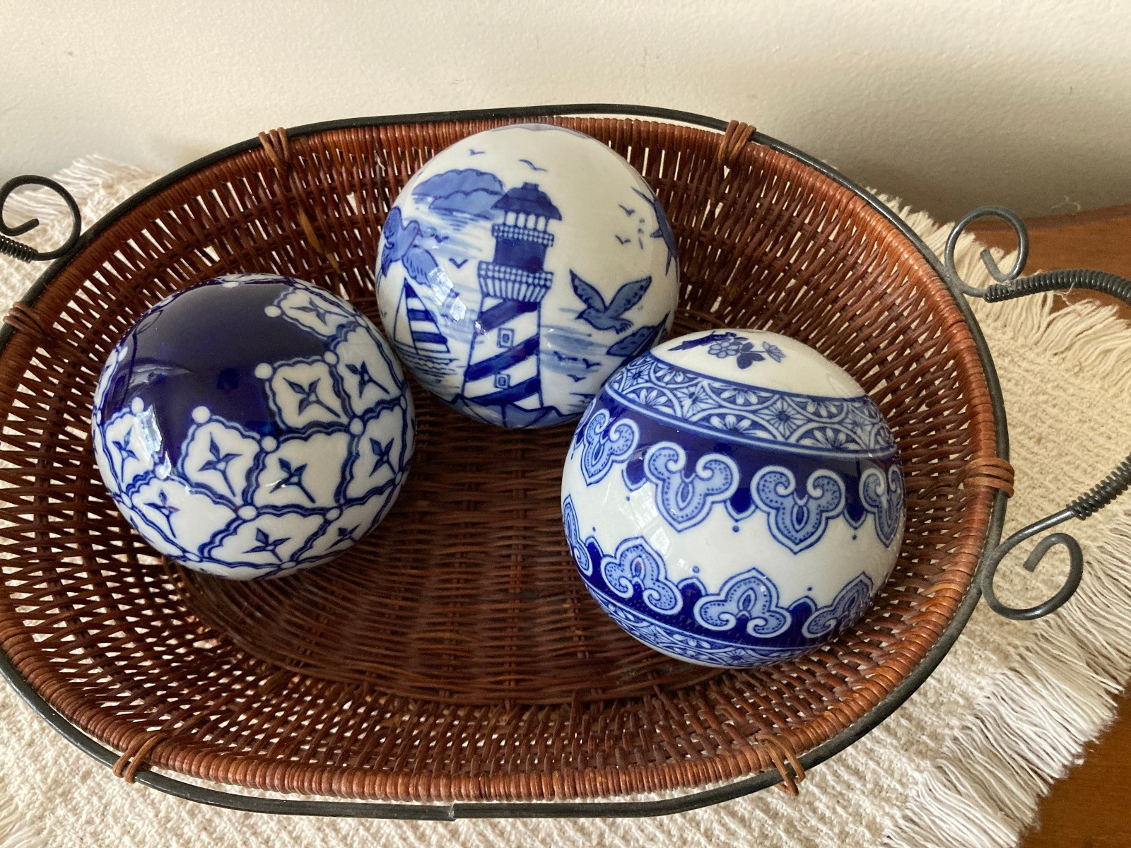 Lot~3 Cobalt Blue & White Carpet Balls 3.25-3.5″ Geometric Patterns & Lighthouse