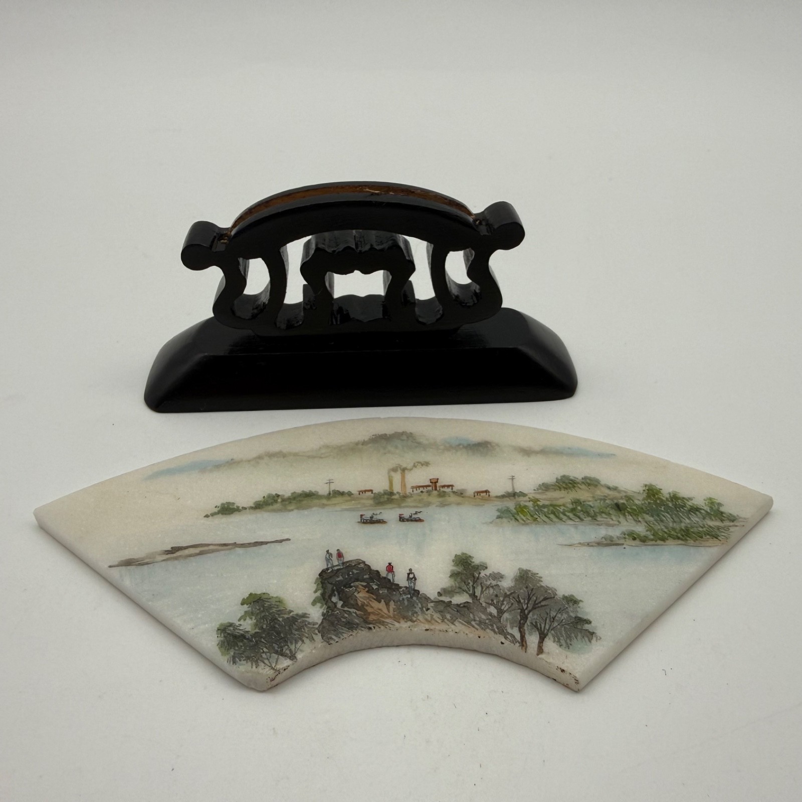 Vintage Chinese Hand Painted Marble Plaque Fan Shaped Landscape Wood Stand