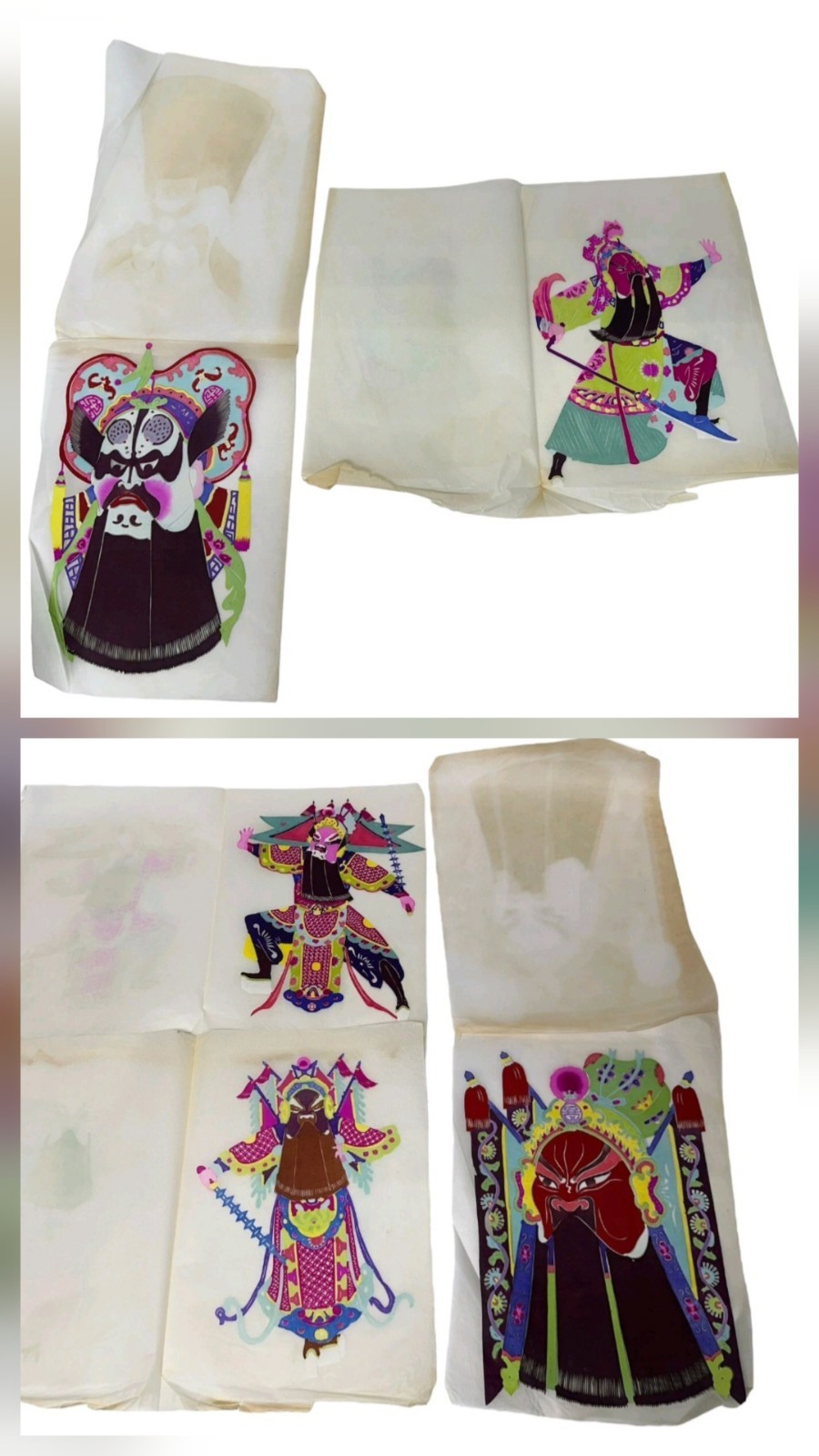 5 Vintage Chinese Opera Masks Paper Cut Out Warrior Peking Lianpu Colorful