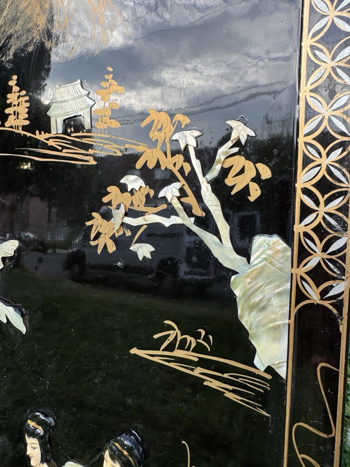 4 Vintage MCM Chinese Mother Of Pearl And Black Lacquer Panels 36 X 12