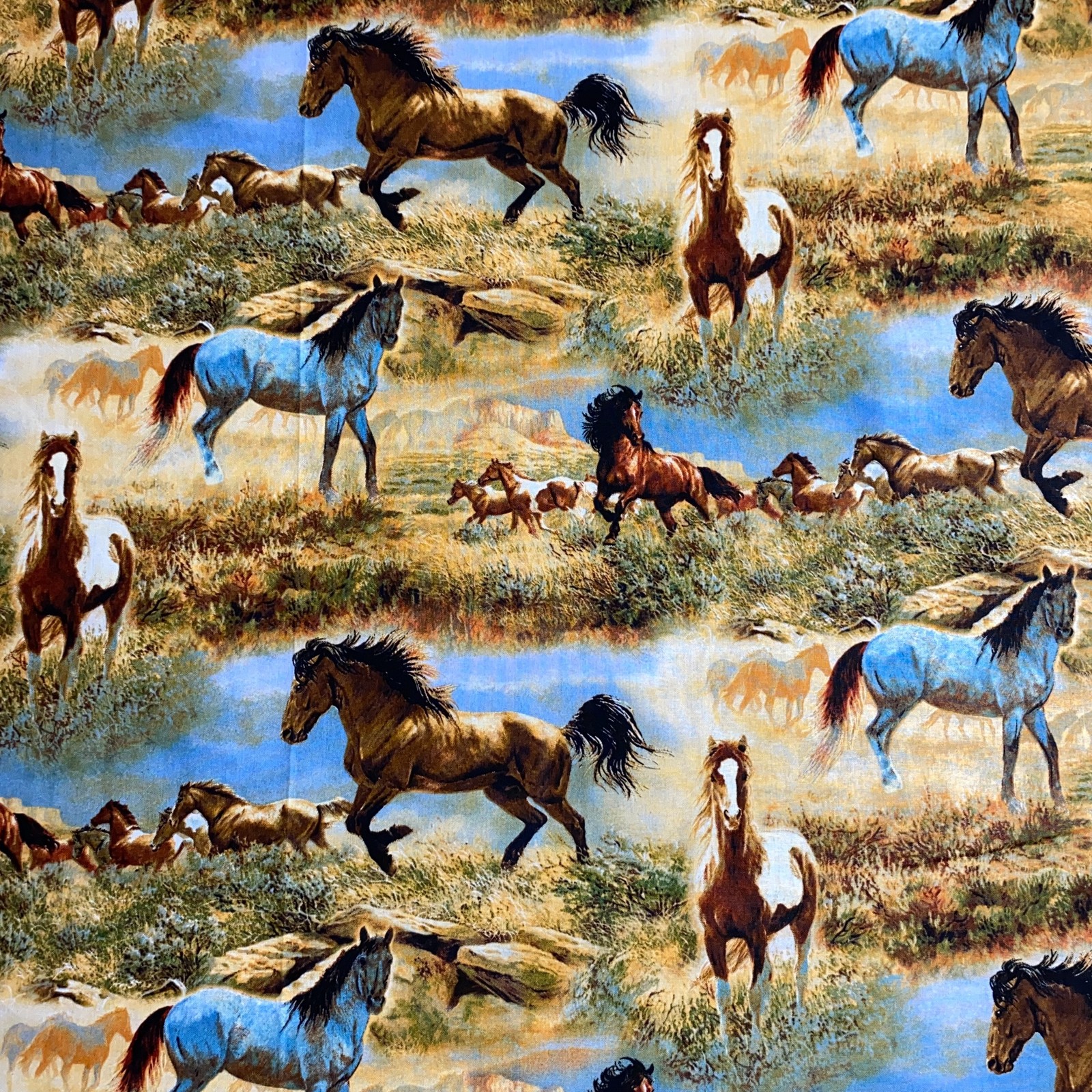 Wild Wings Horses Fabric 2 Yards Quilter Mustangs Western Print David Textiles