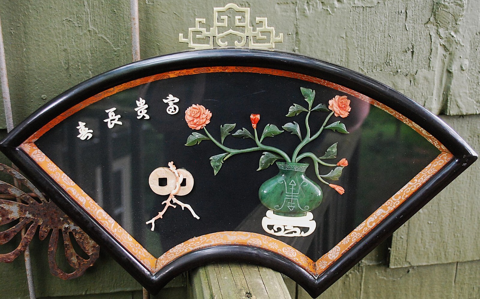 Vtg 17″ Chinese JADE & CORAL Wall Art Flowers/Vase FAN SHADOW BOX FRAME W Glass
