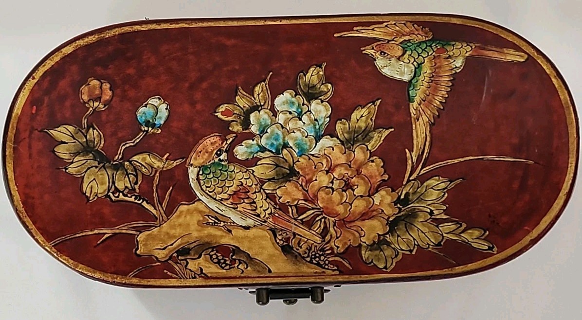 Antique/Vintage Chinese Lacquered Pillow Box Wood Brass Floral, Bird Motifs
