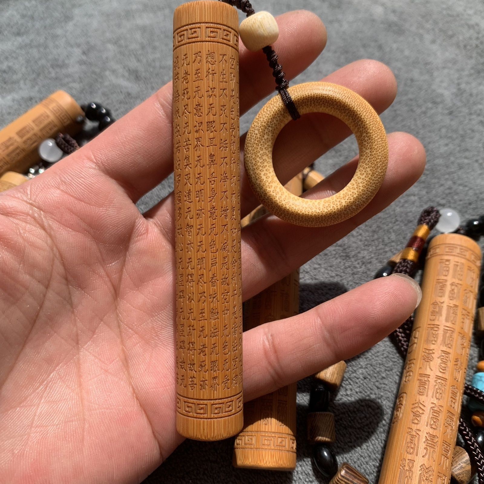 Solid Bamboo Heart Sutra Carving Handheld Wenwan Pendant 10-12cm