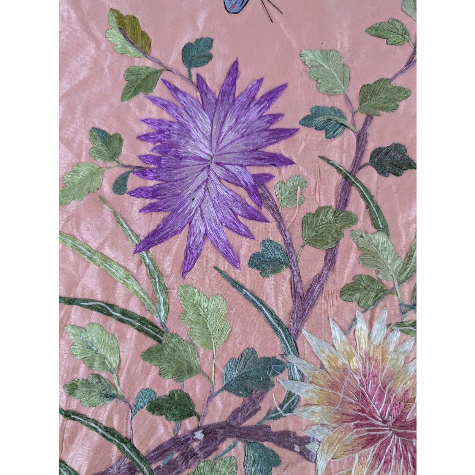 Vintage Chinese Hand Embroidered Floral & Butterfly Silk Textile 23x18in