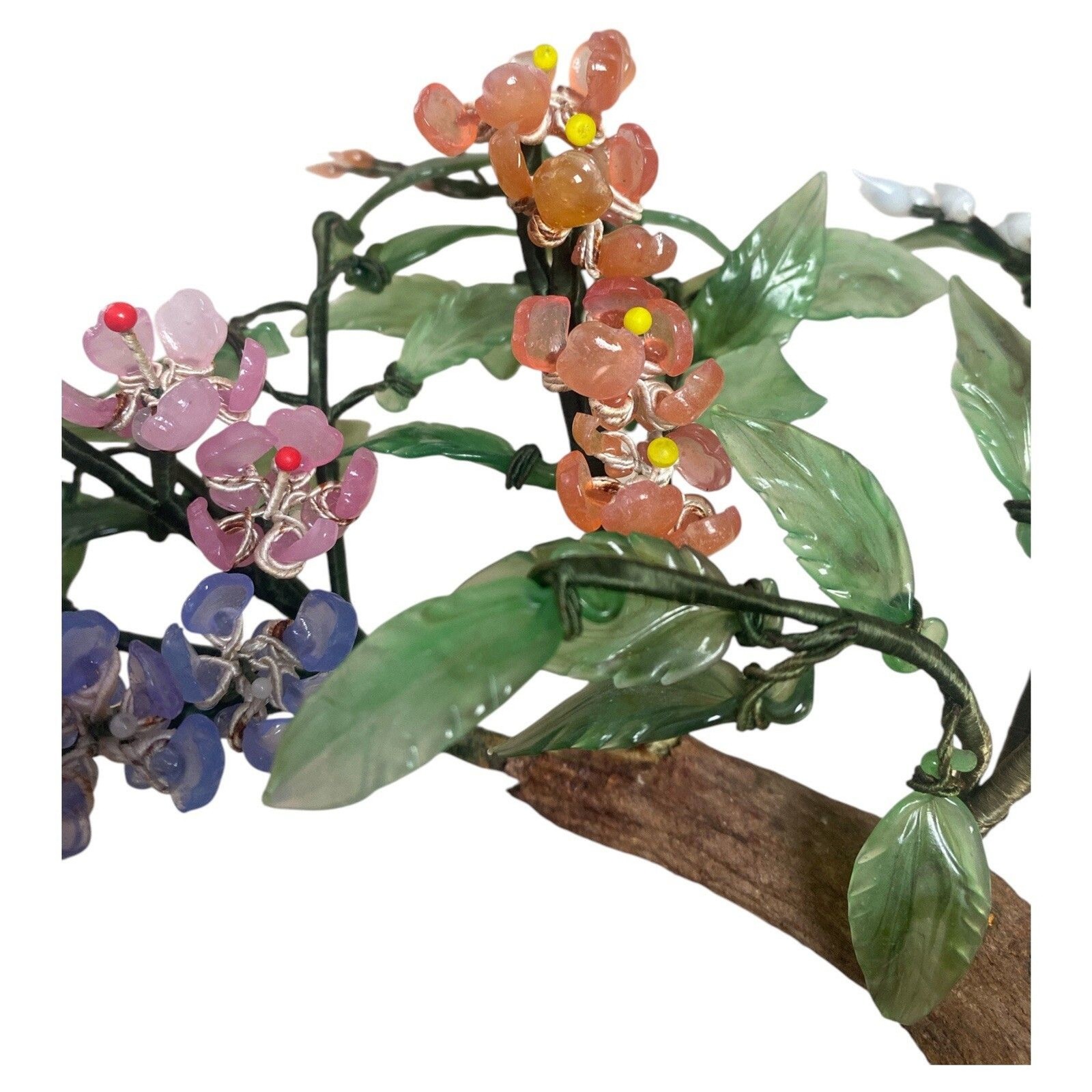 Glass Jade Bonsai Tree Sculpture Multicolor Flowers Celadon Pot 9 Inch