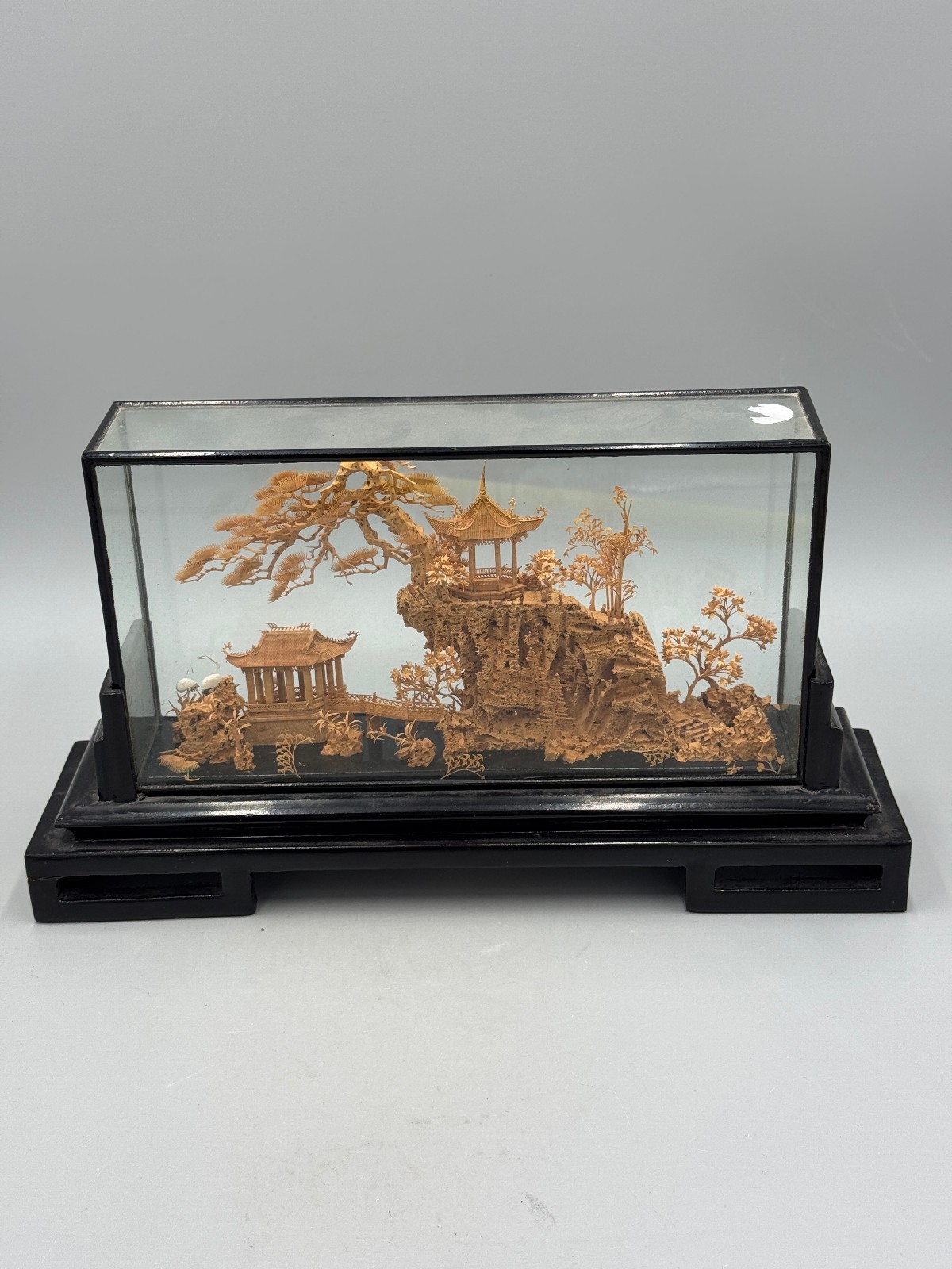 Mid 20th c. Chinese Fujian Cork Carving Landscape Diorama, Glass Display Case