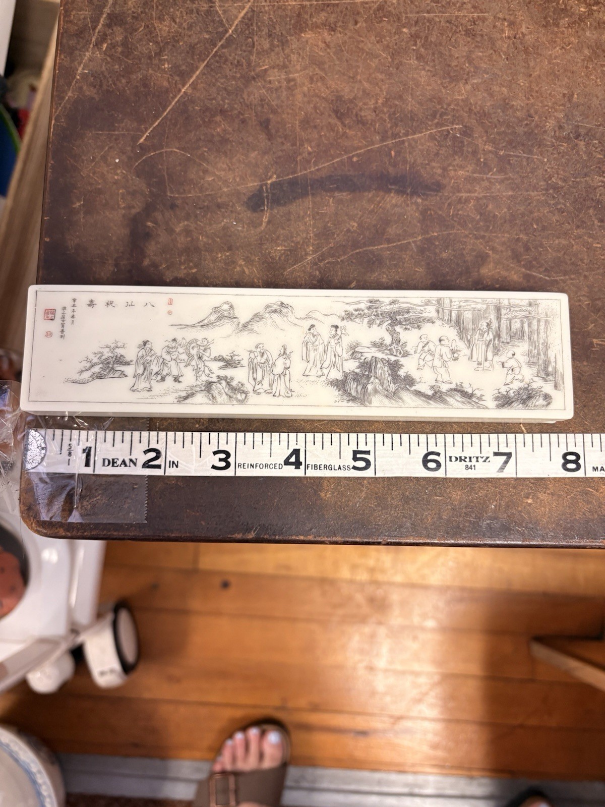 Chinese Rectangular Porcelain Plaque Ink Landscape Figures Calligraphy Red Seals