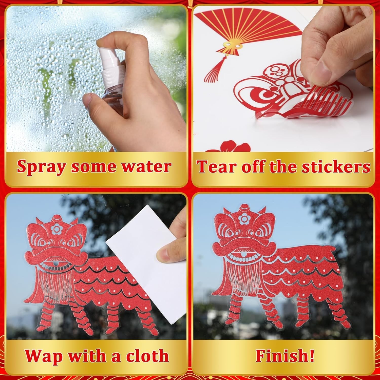 Chinese New Festive Window Clings – 8 Sheets of Dragon and Lantern Designs