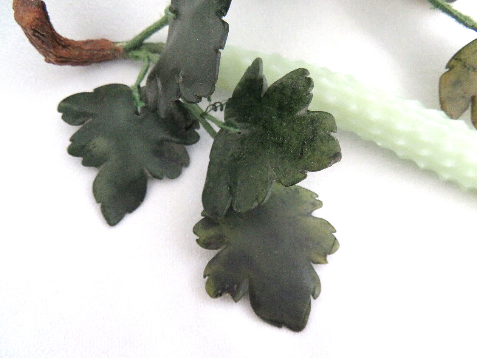 RARE Chinese Green Jade Gemstone Prickly Cucumber & Leaves Sculpture 11″ Long