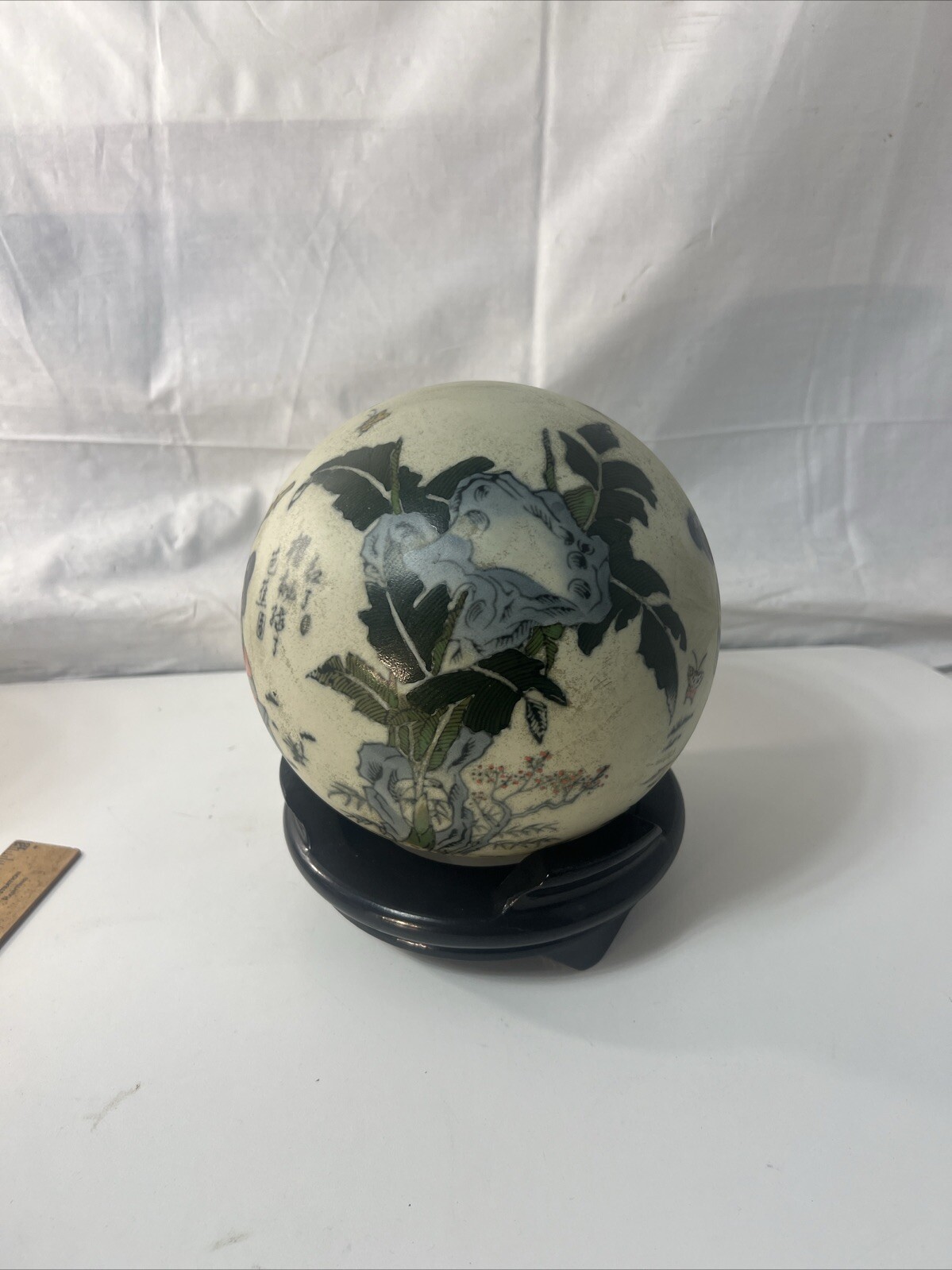 Large Asian Signed Painted Sphere ~ Ball on Display Stand