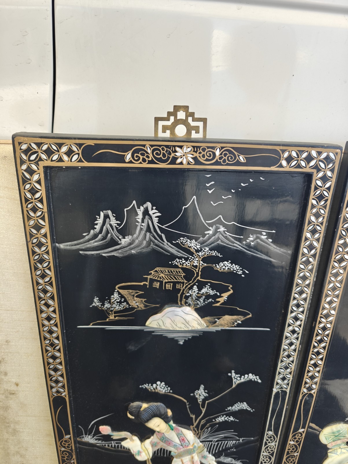 2 Vintage Mother Of Pearl Framed Art Wall Plaques Asian Black And Gold.