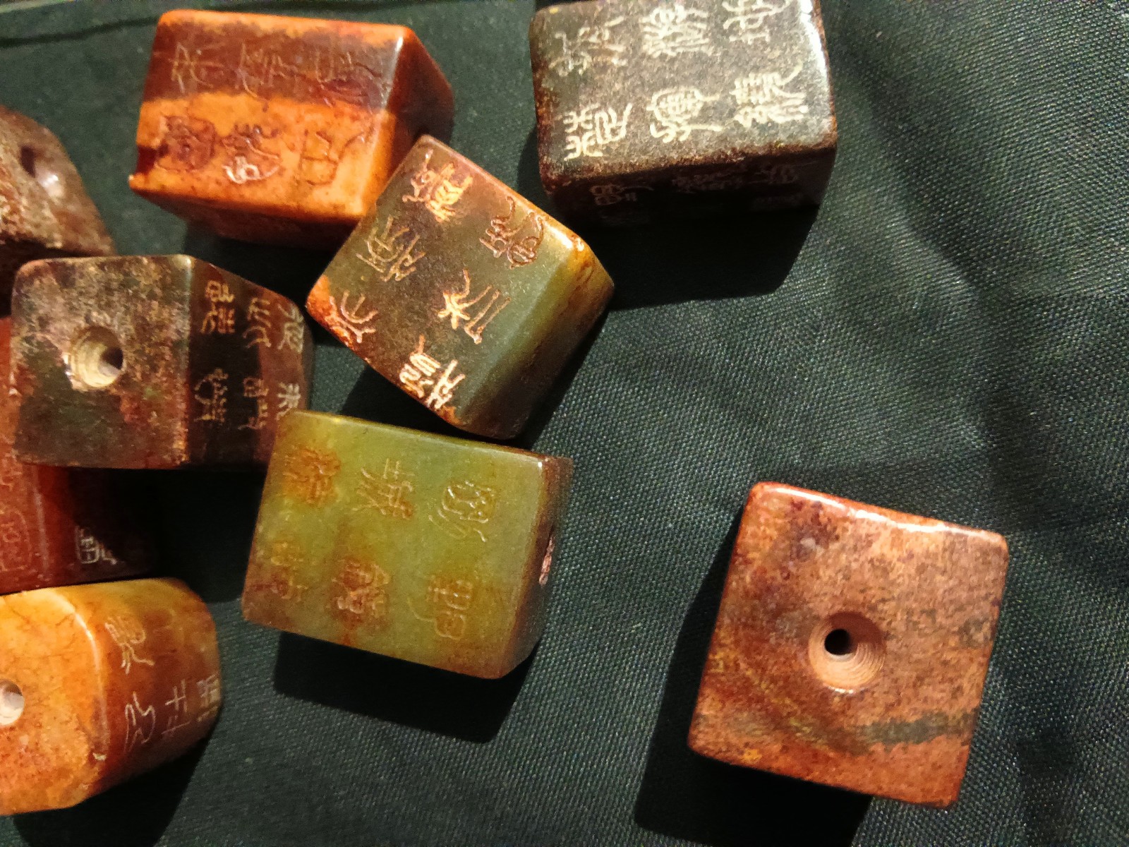 10 Pcs Unusual Chinese Old Jade Hand Carved *Poem* Square Cong Beads