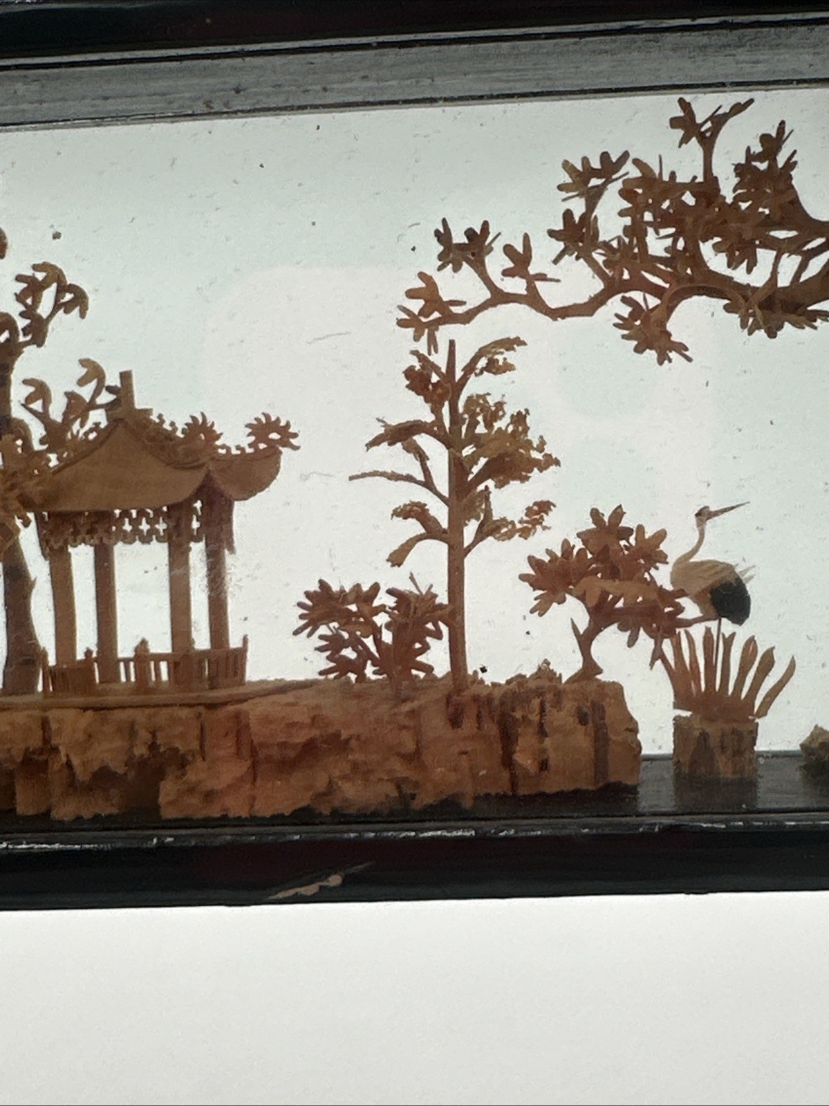 Vintage Chinese Cork Art Shadow Box Pagoda Cranes Scenic Diorama Framed C Detail