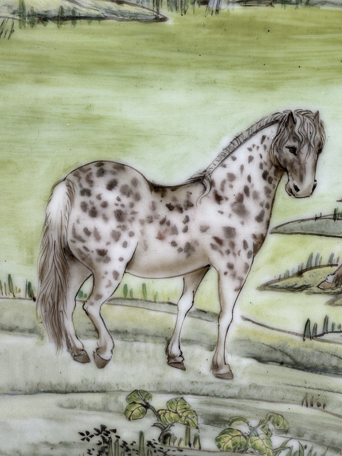Chinese Hand Painted Porcelain Plaque Eight Horses Framed Wall Art Vintage