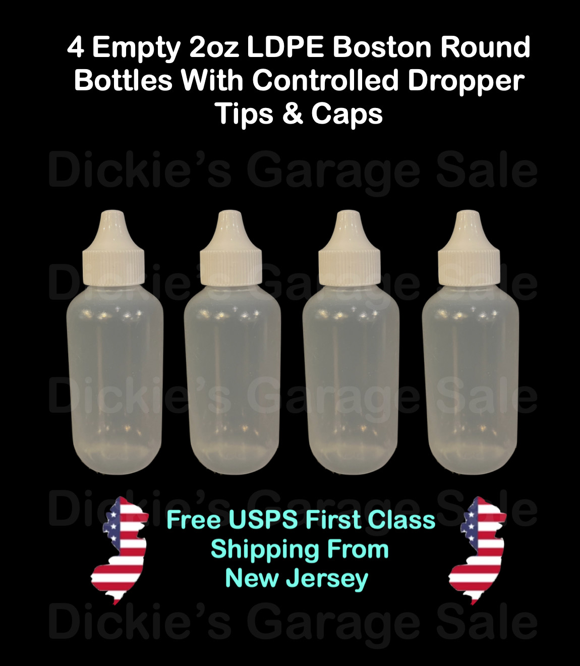 4 EMPTY 2oz LDPE LIQUID DISPENSING BOTTLES, DROPPER TIP, TWIST TOP, SILVER CAP