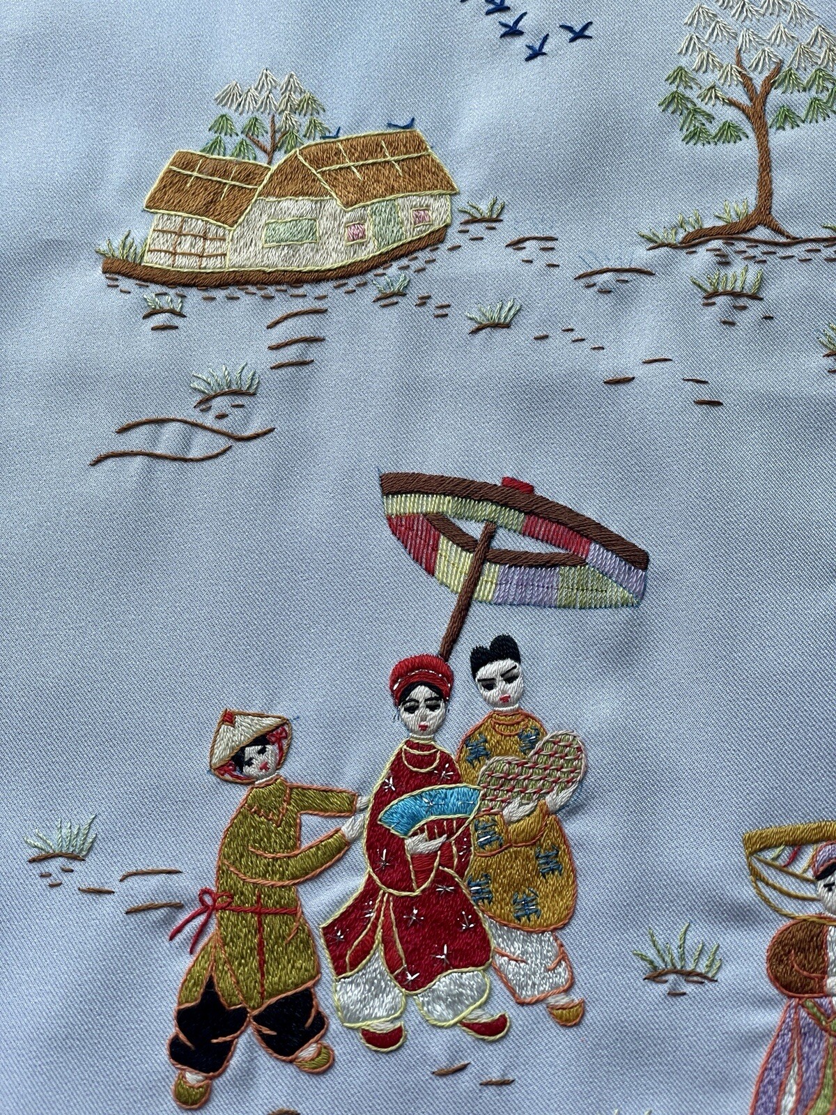 Asian Silk Hand Embroidered Cloth Village People Unframed Finished Needlepointed