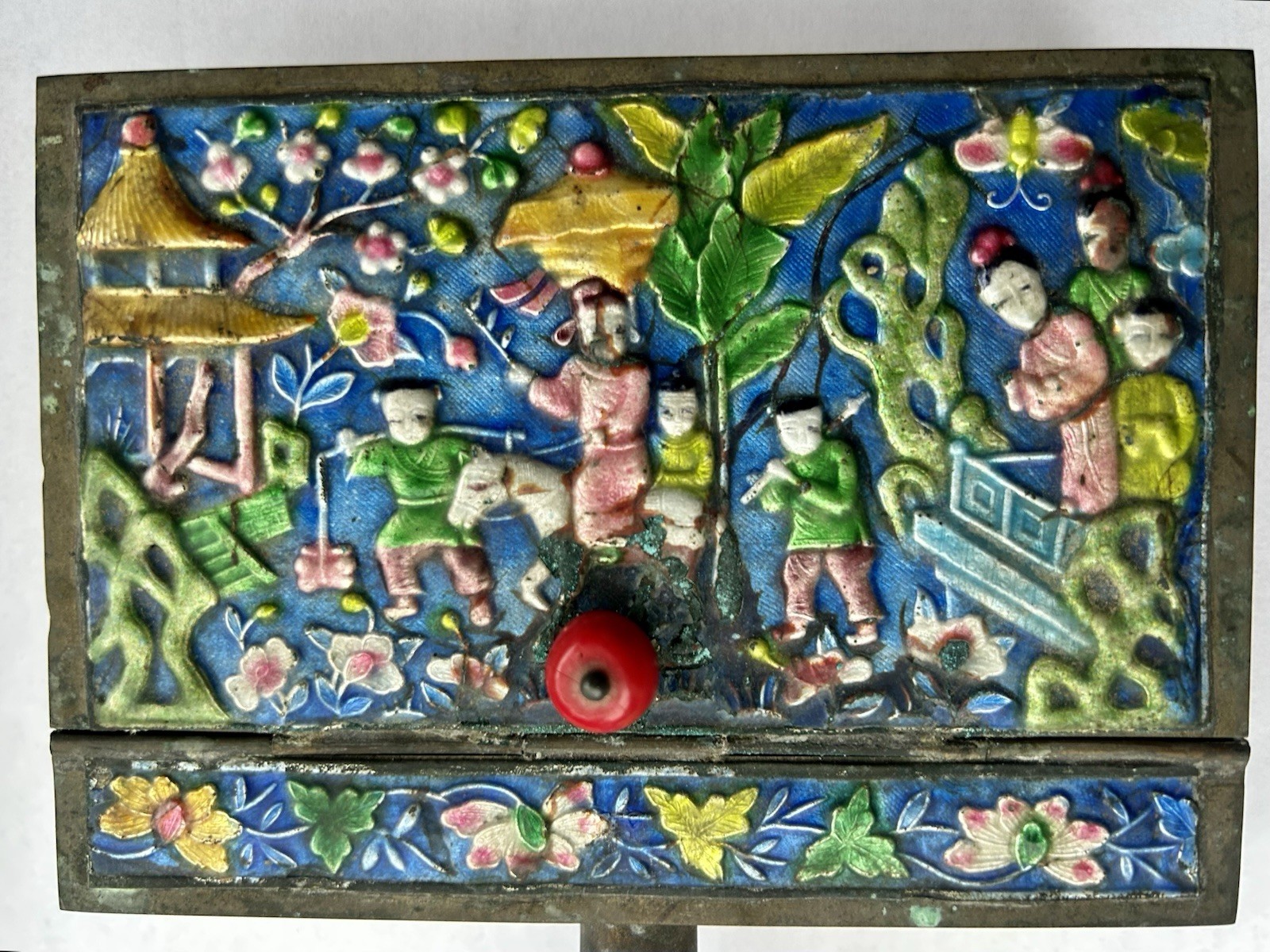 Antique Chinese Enameled Brass Silent Butler, Ashtray, Crumb Catcher sgn China