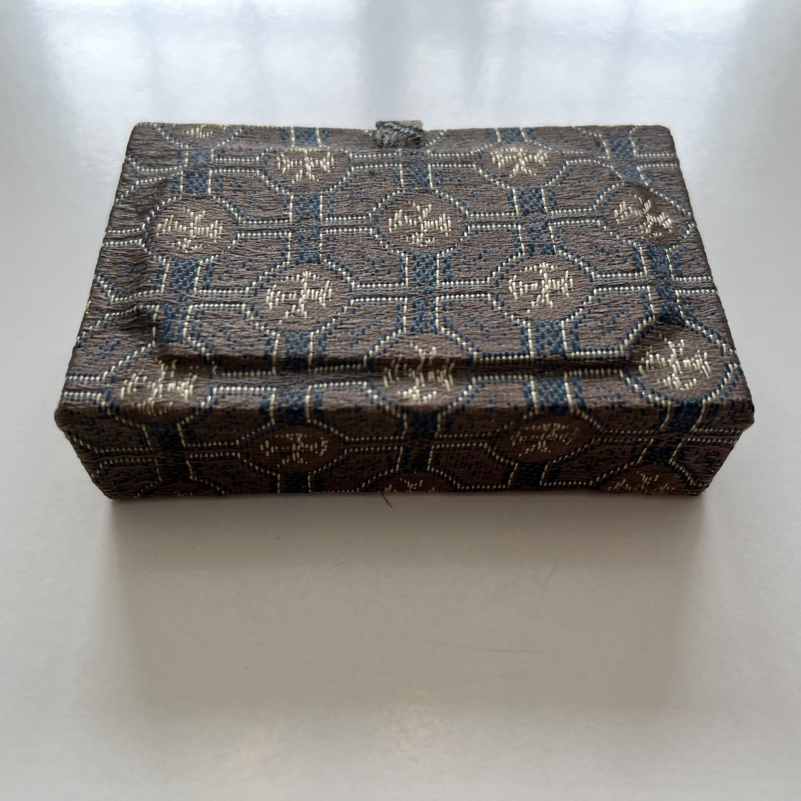 Vintage Miniature Brass Chinese Suanpan 9 Rod Abacus With Silk Brocade Box.