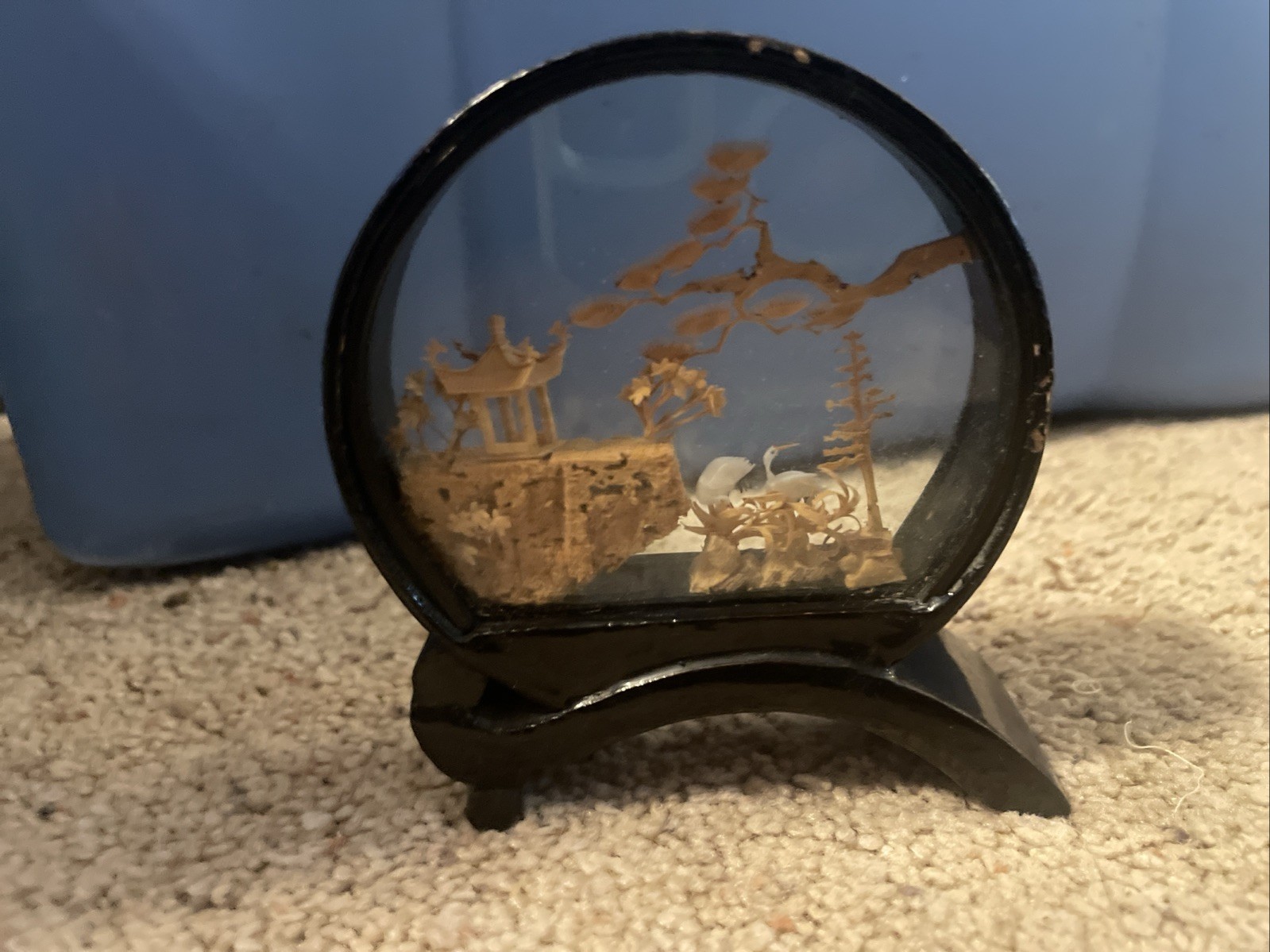 Vintage 4″ Asian Cork 3D Art Carving Pagoda Cranes Diorama Lacquer Frame