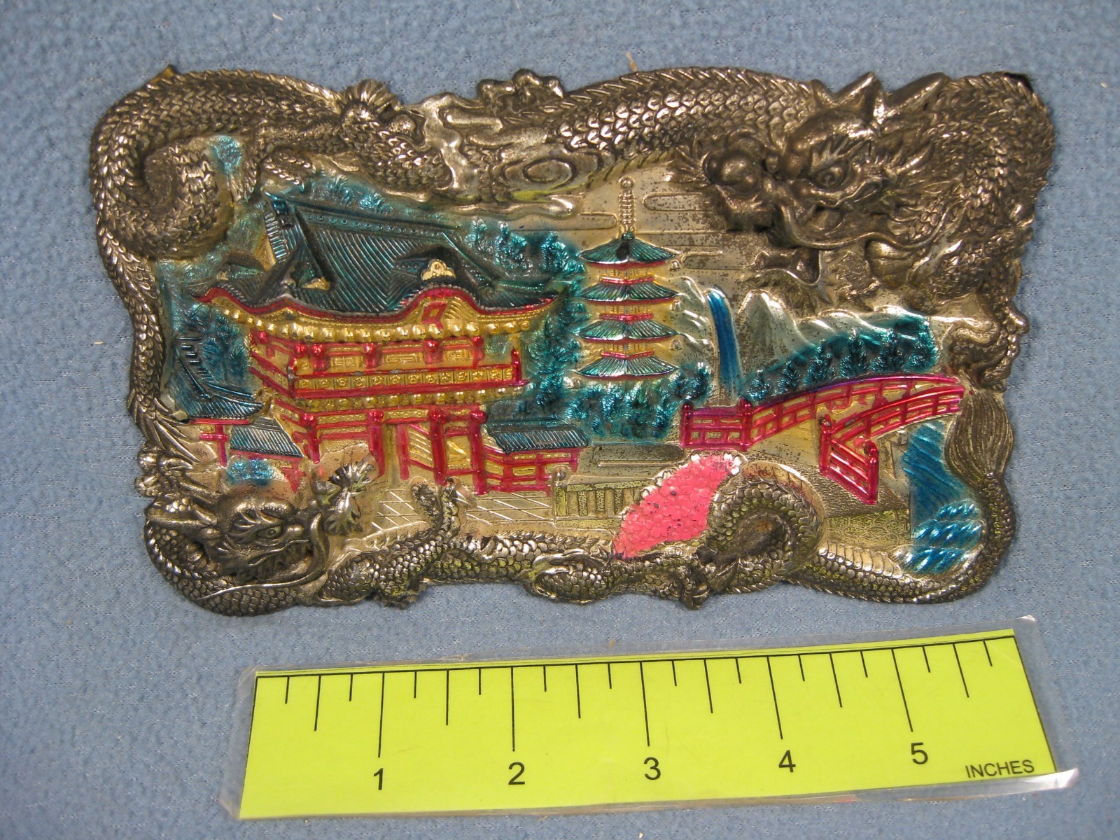 Vintage Chinese Wall Art Jewelry Box Lid with Dragon’s Antique 7″L X 4 1/2″