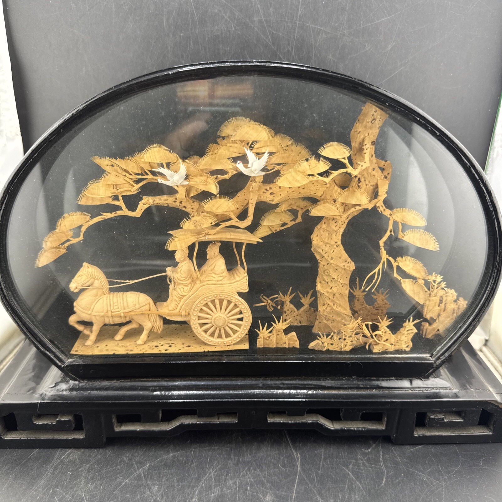 Vintage Chinese Glass Enclosed Cork Diorama Bamboo Art Framed Curved Top 💥