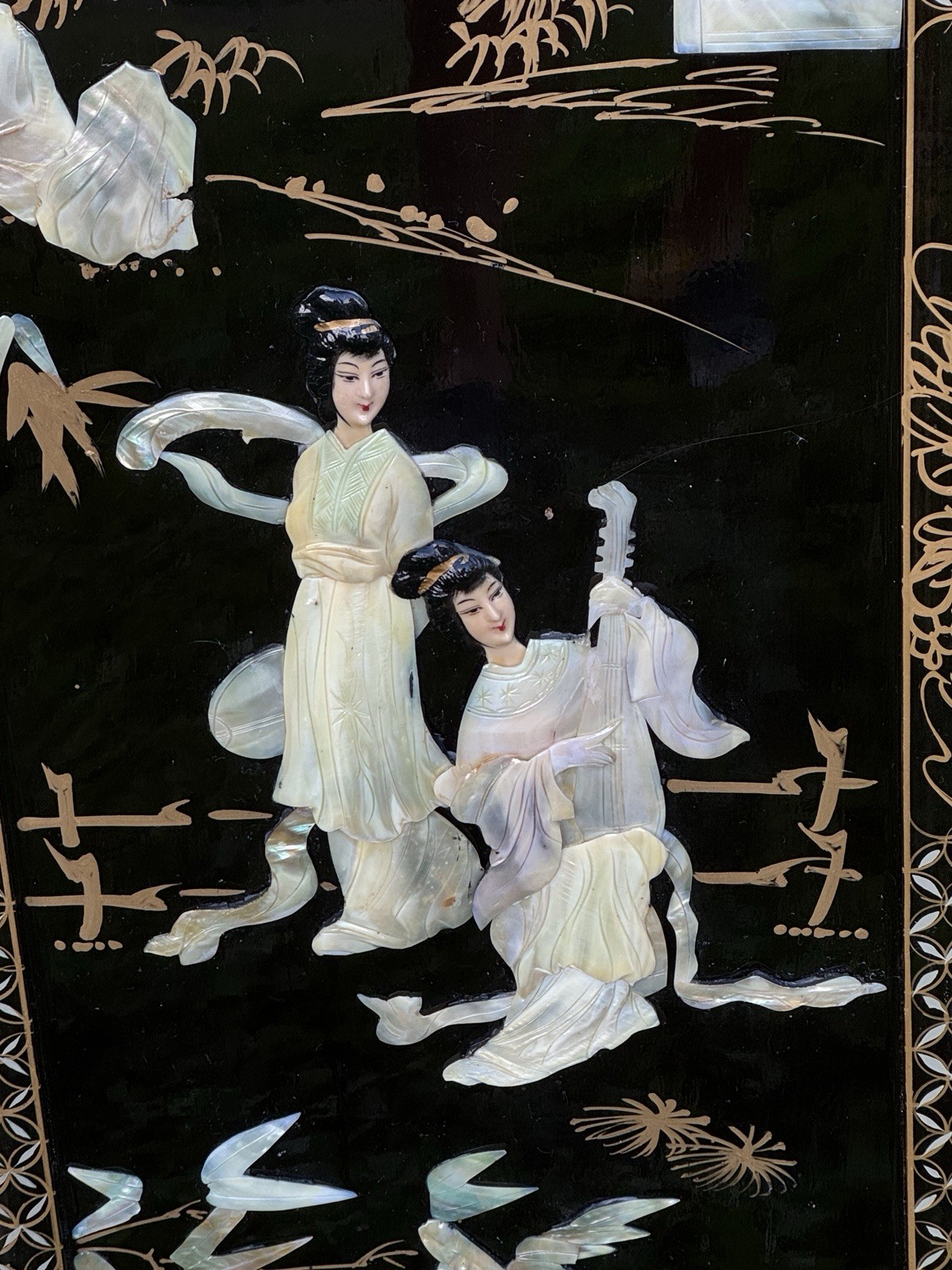 4 Vintage MCM Chinese Mother Of Pearl And Black Lacquer Panels 36 X 12