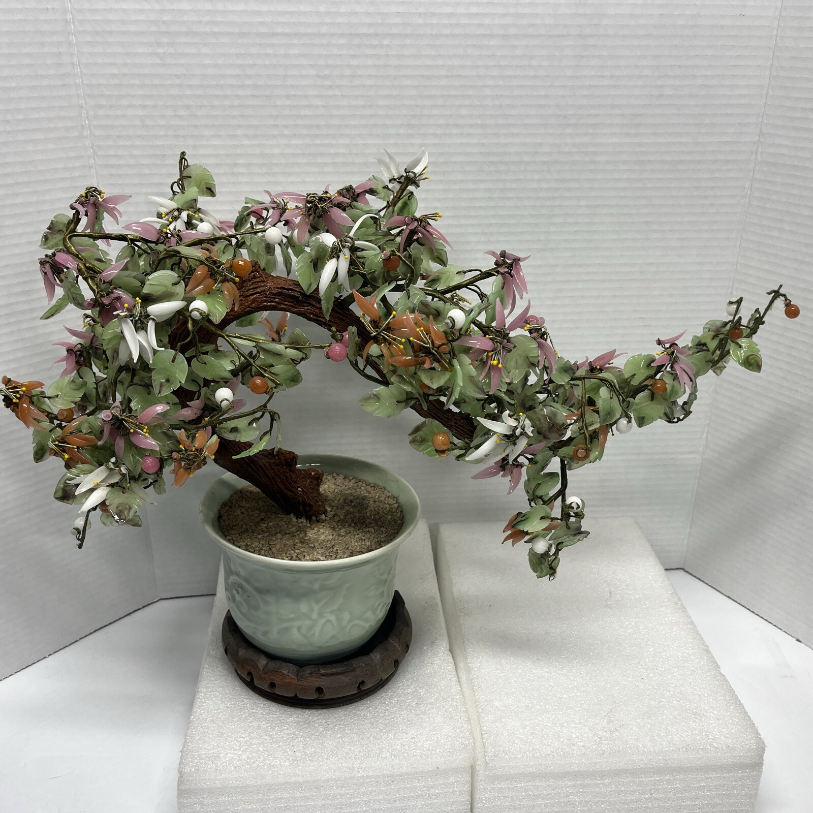 Vtg Japanese/Chinese/Asia Bonsai Jade Tree W/Berries 18″ L 13″ T w/pot & stand