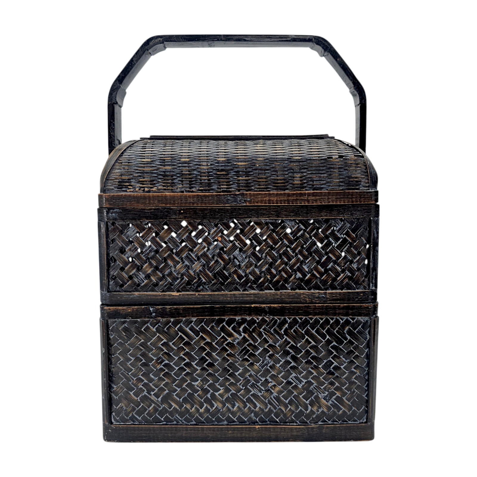 Vintage Chinese Wedding Basket Black Lacquer Woven Bamboo Export 13″ PRC
