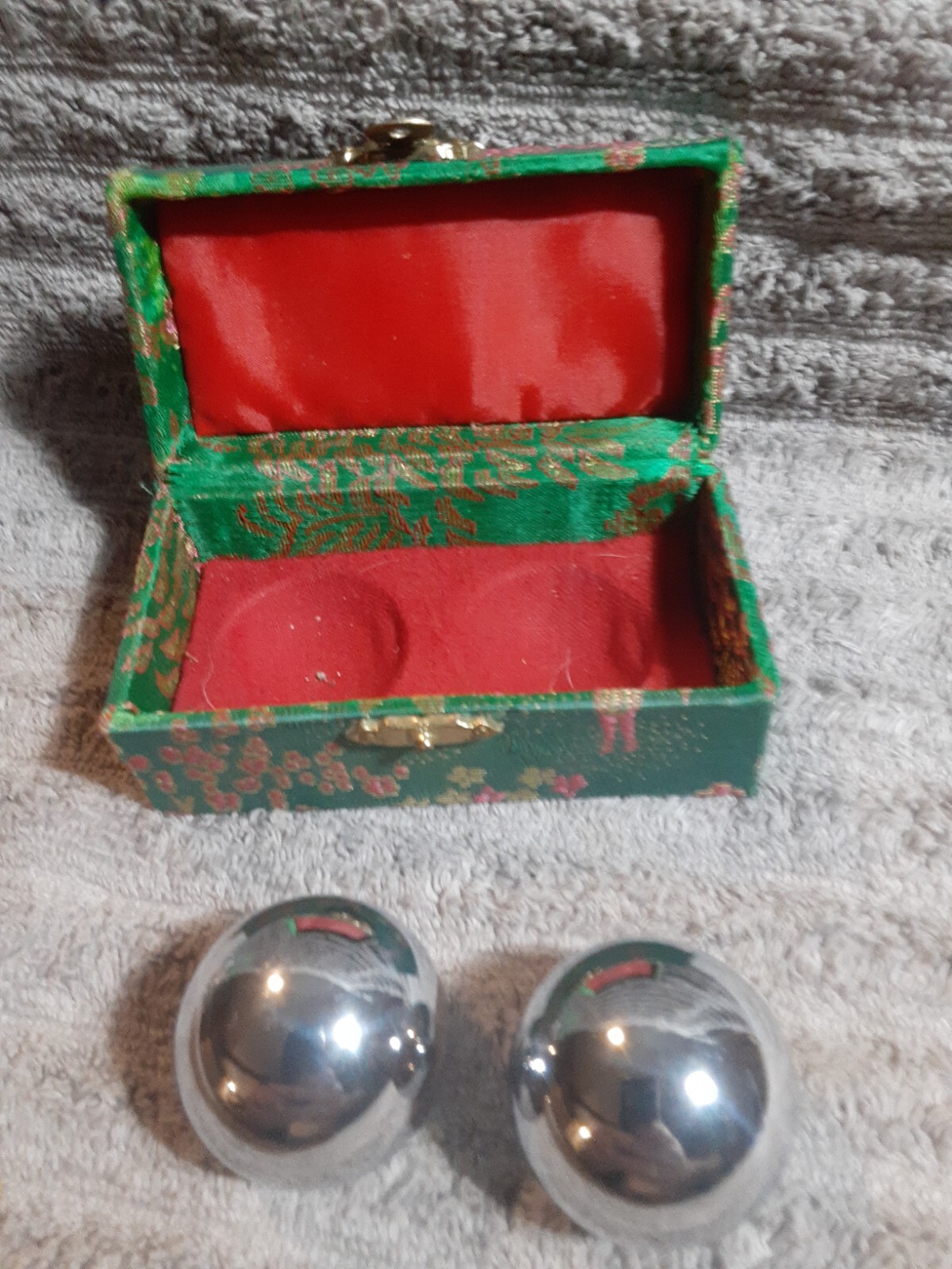 1980’s Chinese Baoding Balls Metal Exercise Balls Stress Relief in tapestry Box