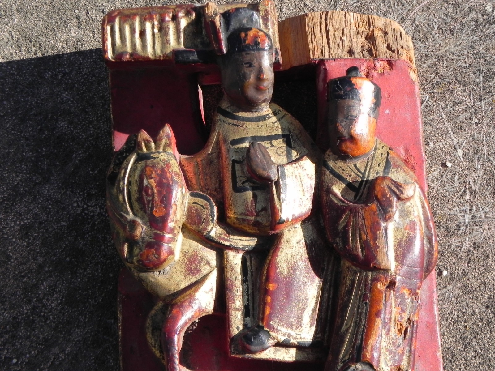 Antique Chinese painted wood carving figures and horse gold and red paint