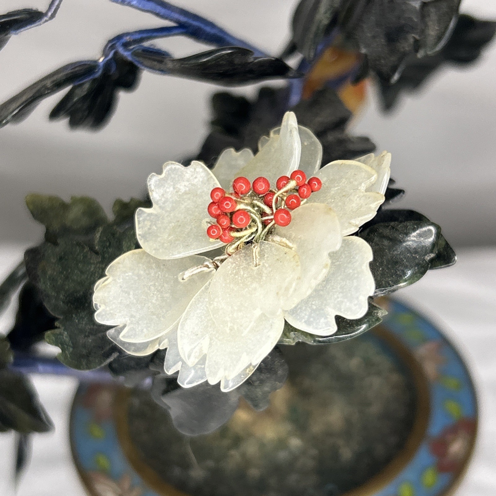 Vintage Chinese Jade Bonsai Tree Sculpture in Cloisonné Enamel Pot Iris Apfel