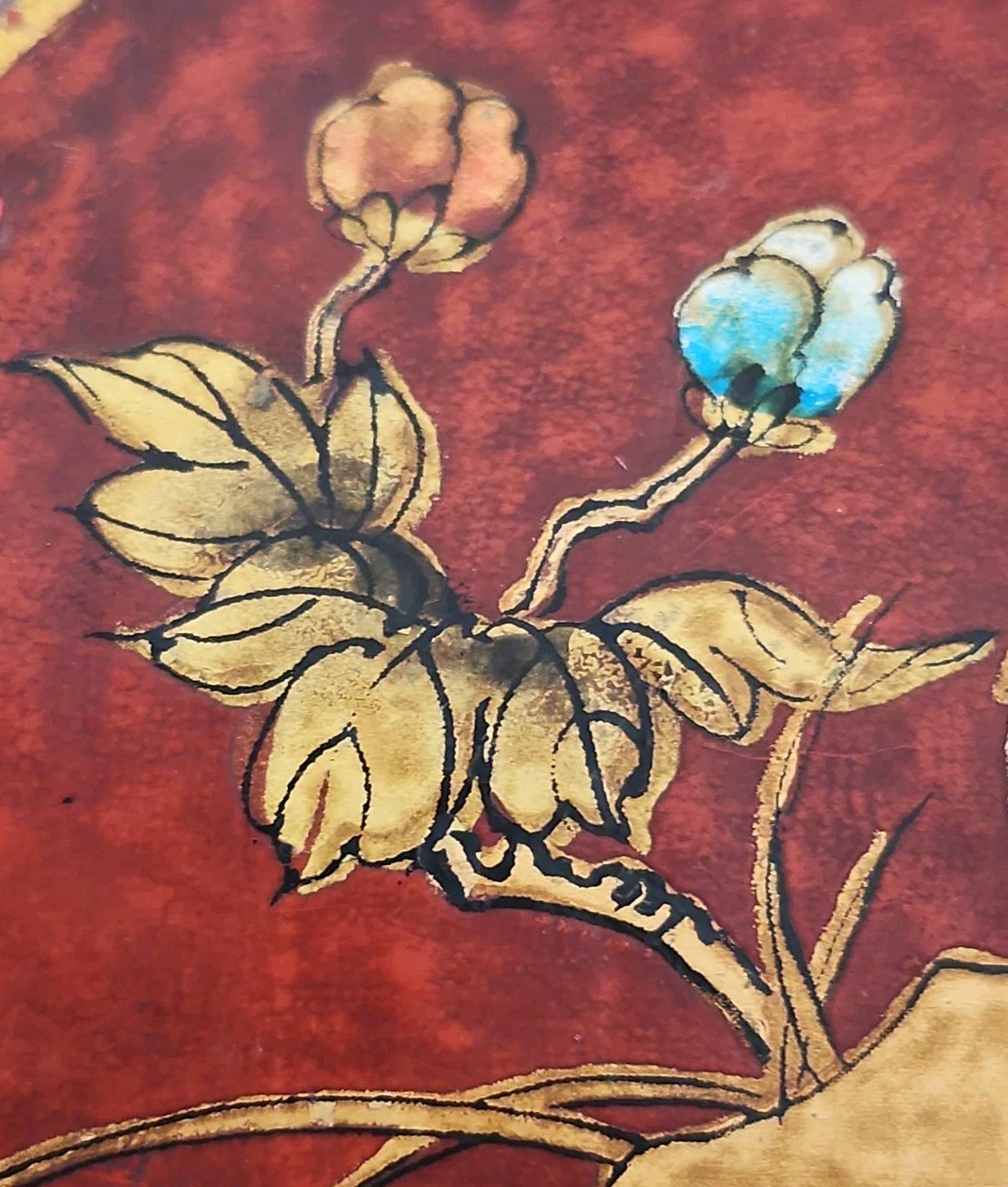 Antique/Vintage Chinese Lacquered Pillow Box Wood Brass Floral, Bird Motifs