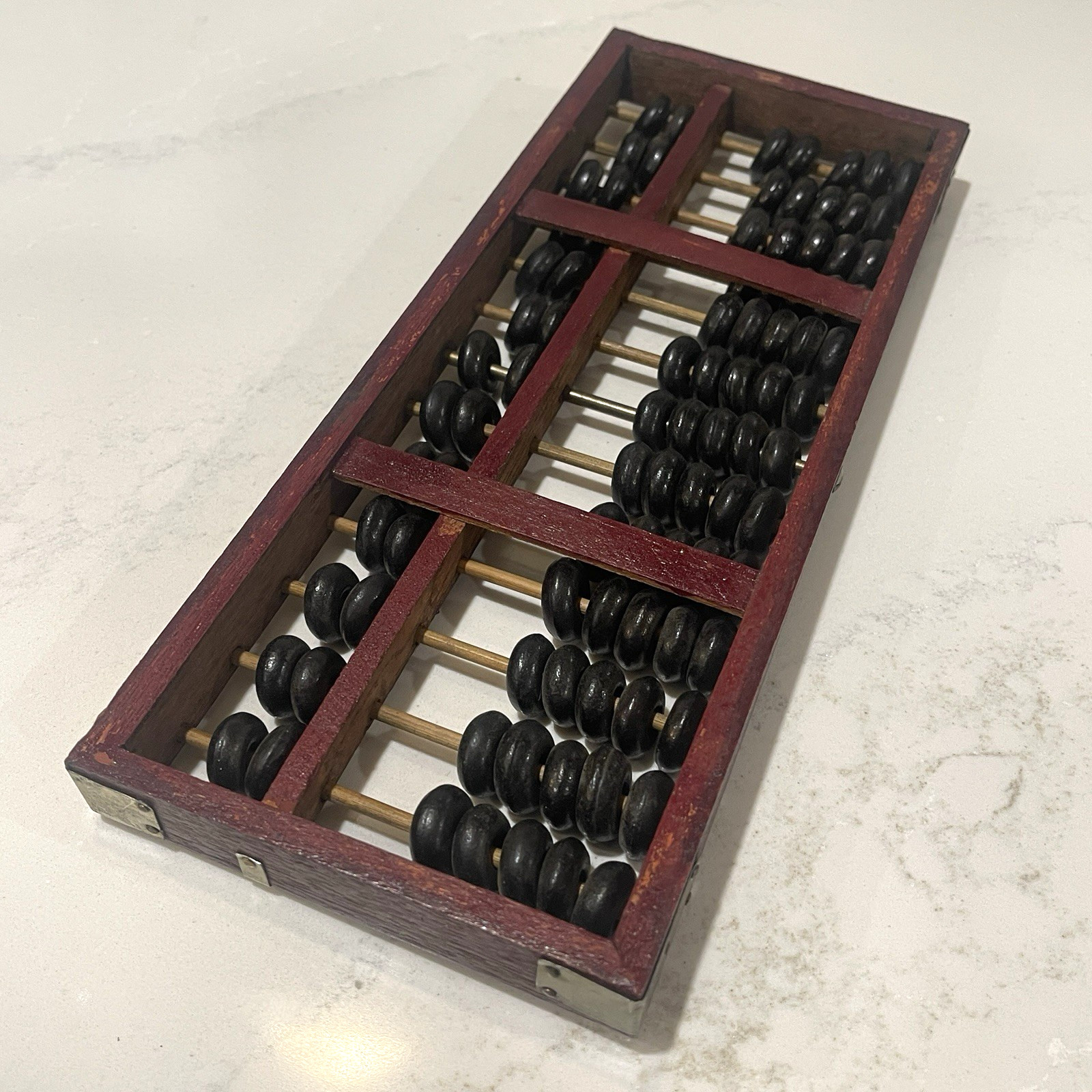 Vintage Abacus Brass Corners Chinese style Calculator Dark Wood 11 x 4.5 inch