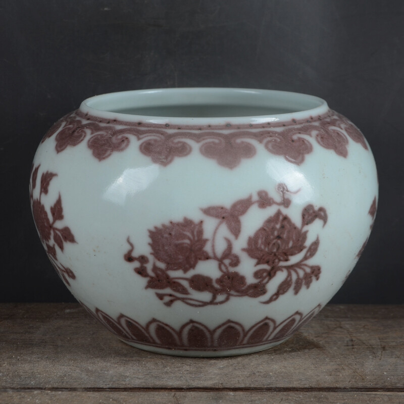 4.5″ Chinese Porcelain Under Glaze Red Lotus Flower Tree Leaf Brush Washer