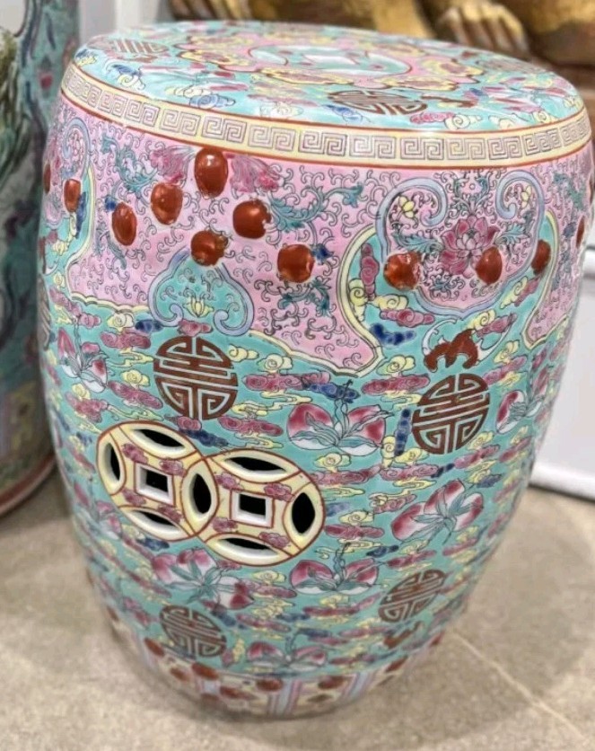 Blue Green and Peach Porcelain Garden Stool- 12″ x 15.75”H