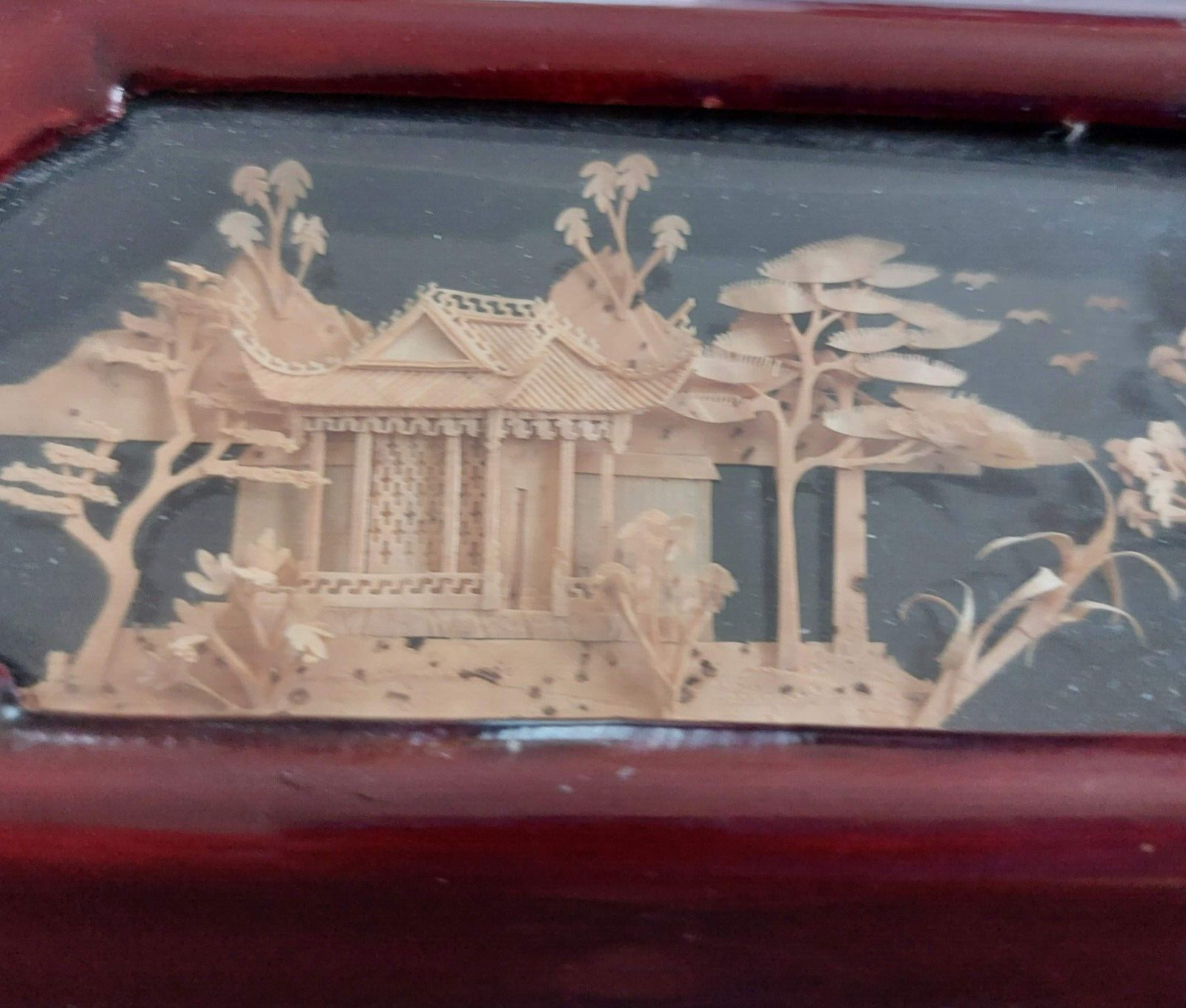 VTG San You Asian Jewelry Wood Box Diorama Cork Art Pagoda Scene Brass Lined