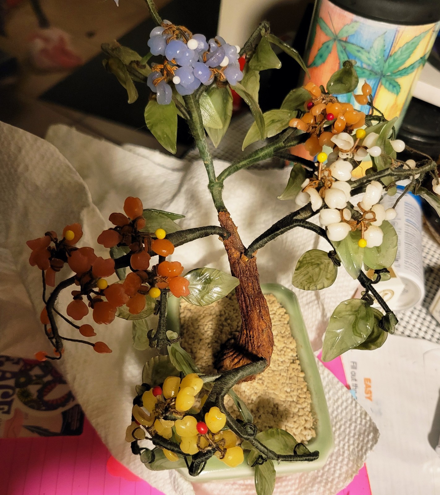 Vintage Chinese Jade Stone Glass Bonsai Mineral Tree Multi Color 9×8”
