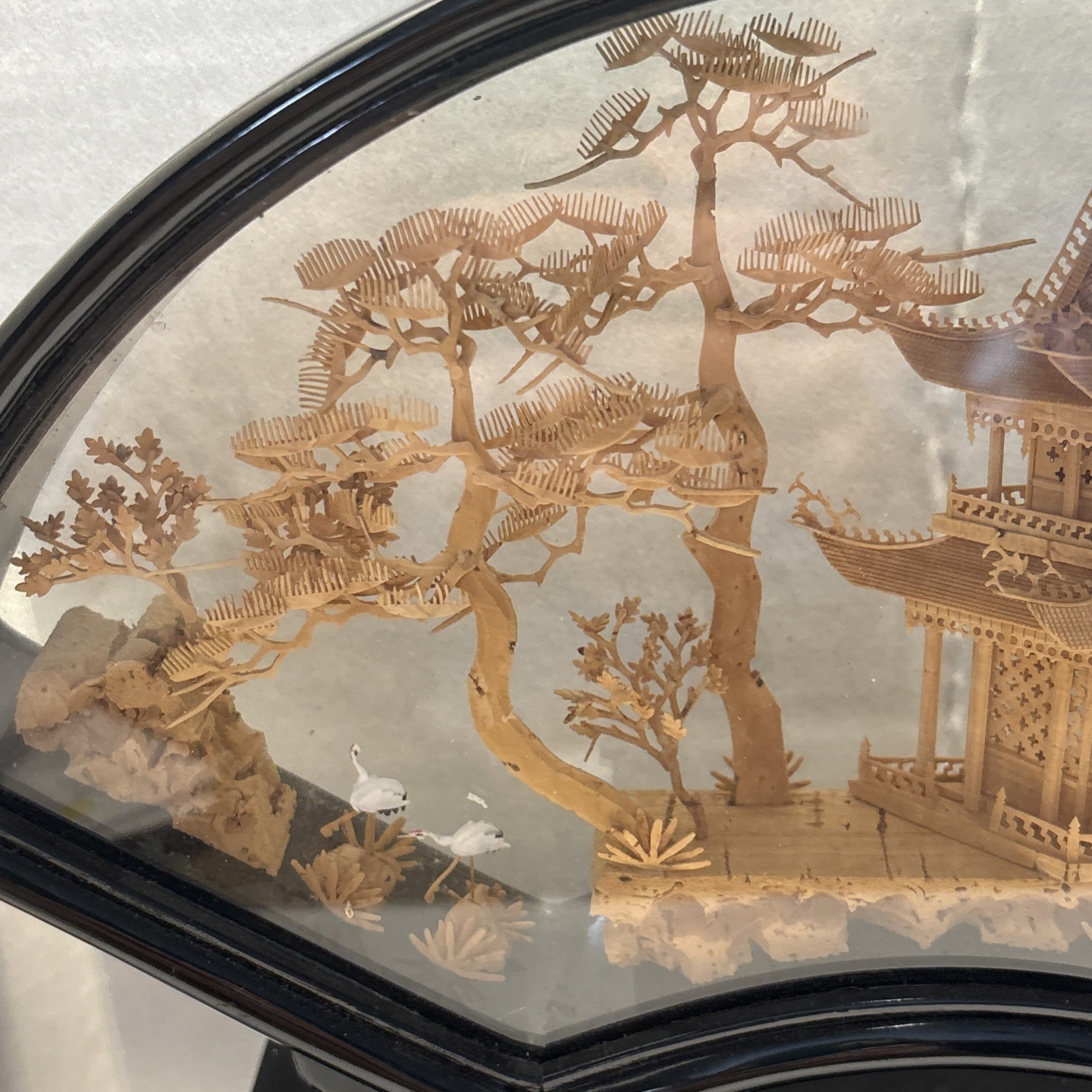 Vintage Chinese San Yo Diorama With Hand Carved Cork Pagoda Trees And Cranes