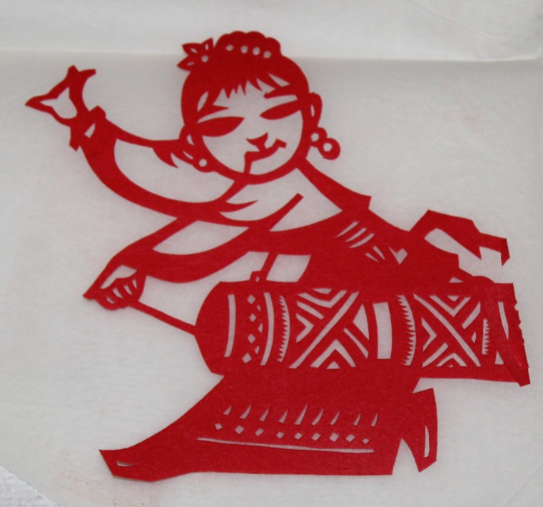 2 vintage red Chinese paper cutout woman drum dancing intricate delicate Asian