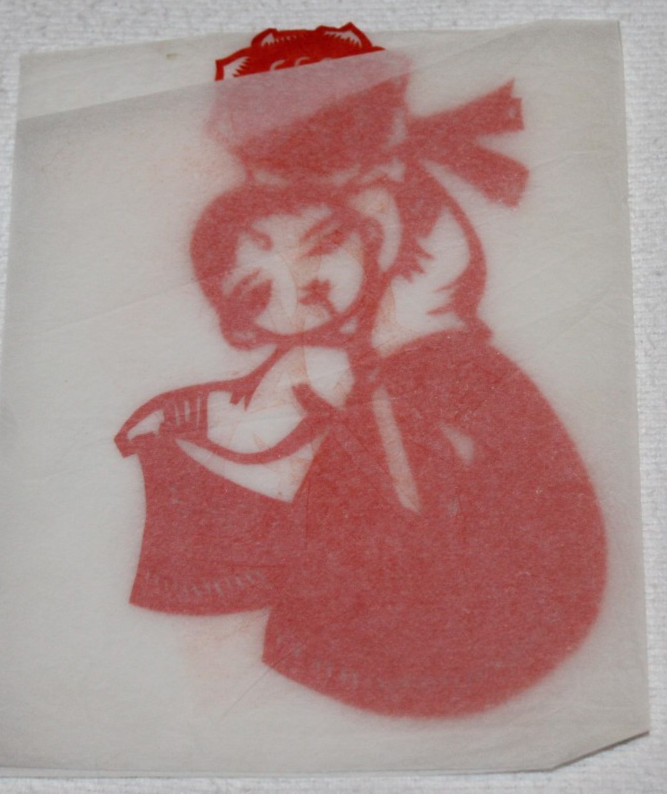 2 vintage red Chinese paper cutout woman drum dancing intricate delicate Asian